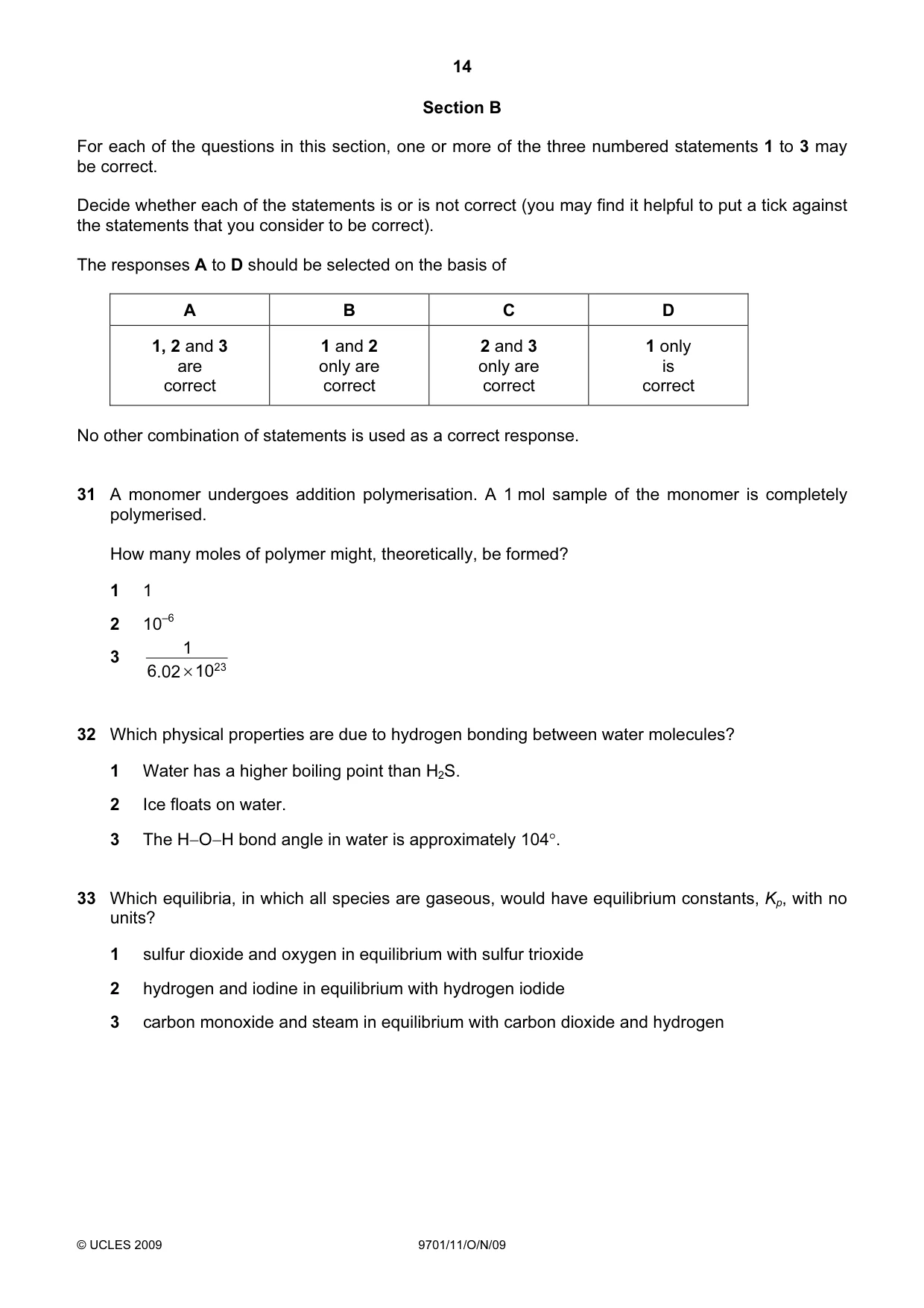 Cambridge A Level Chemistry 9701 2009 Oct/Nov Paper 1 · Variant 1 question paper, page 14 of 16