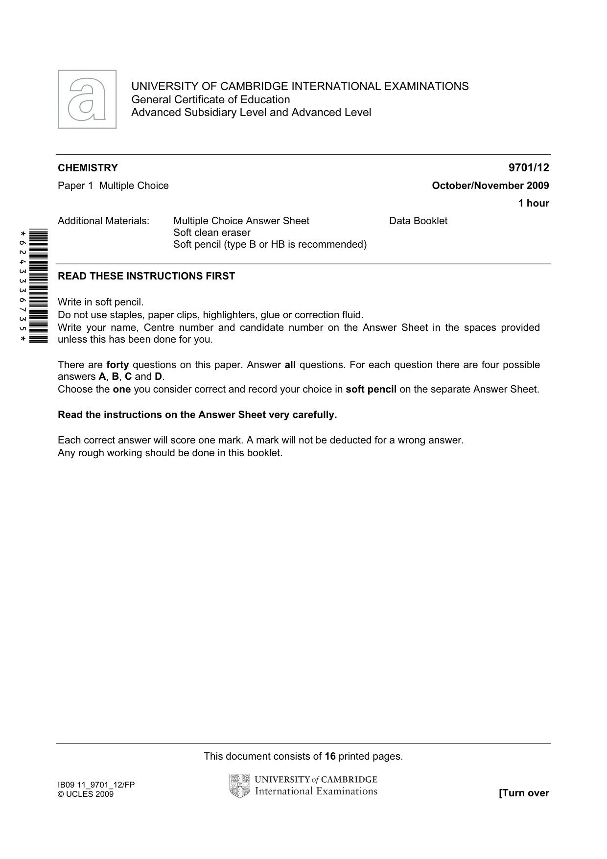 Cambridge A Level Chemistry 9701 2009 Oct/Nov Paper 1 · Variant 2 question paper, page 1 of 16