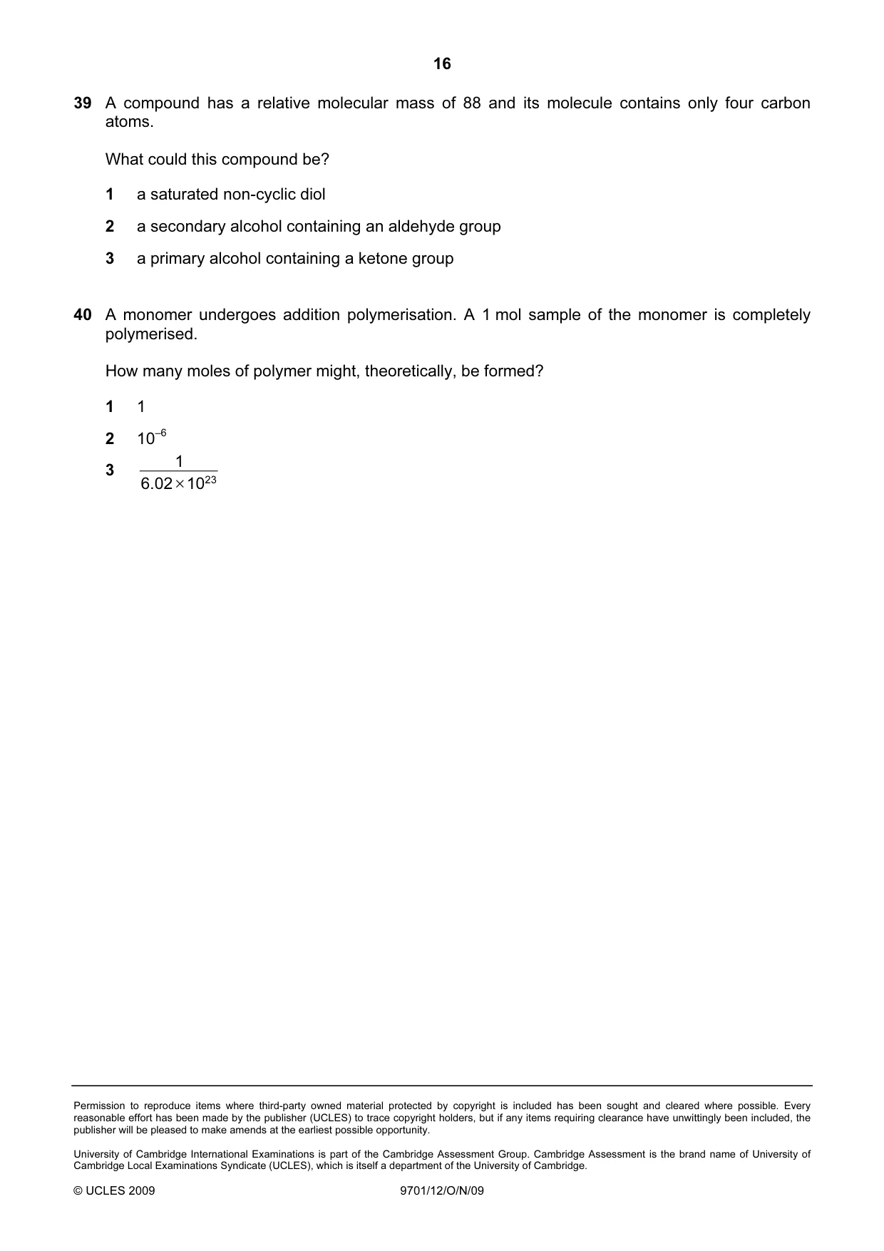 Cambridge A Level Chemistry 9701 2009 Oct/Nov Paper 1 · Variant 2 question paper, page 16 of 16
