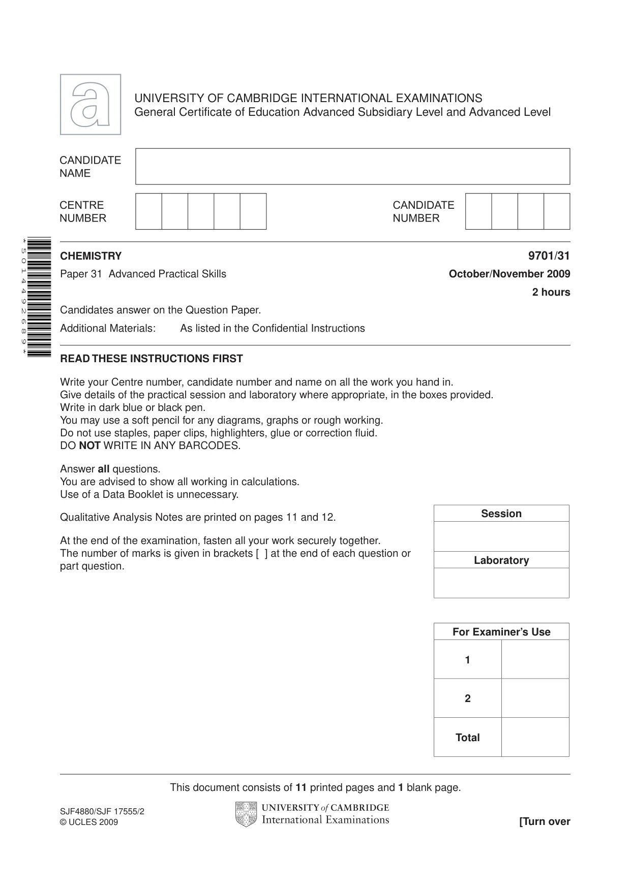 Cambridge A Level Chemistry 9701 2009 Oct/Nov Paper 3 · Variant 1 question paper, page 1 of 12