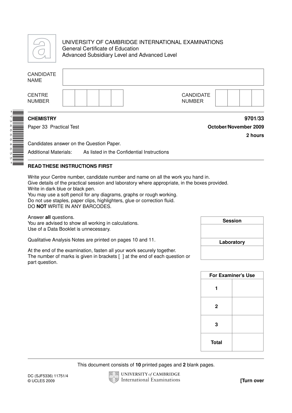 Cambridge A Level Chemistry 9701 2009 Oct/Nov Paper 3 · Variant 3 question paper, page 1 of 12