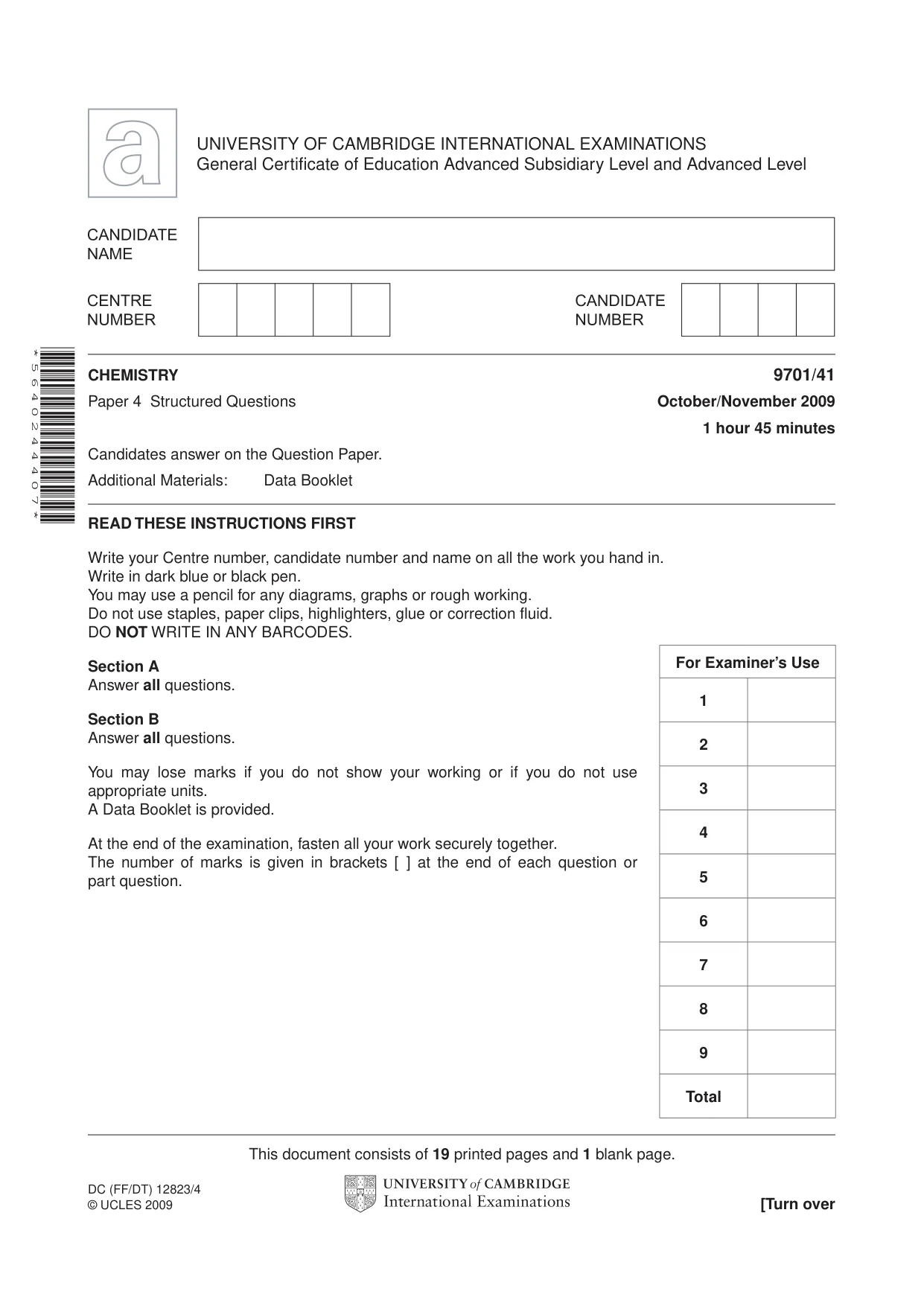 Cambridge A Level Chemistry 9701 2009 Oct/Nov Paper 4 · Variant 1 question paper, page 1 of 20