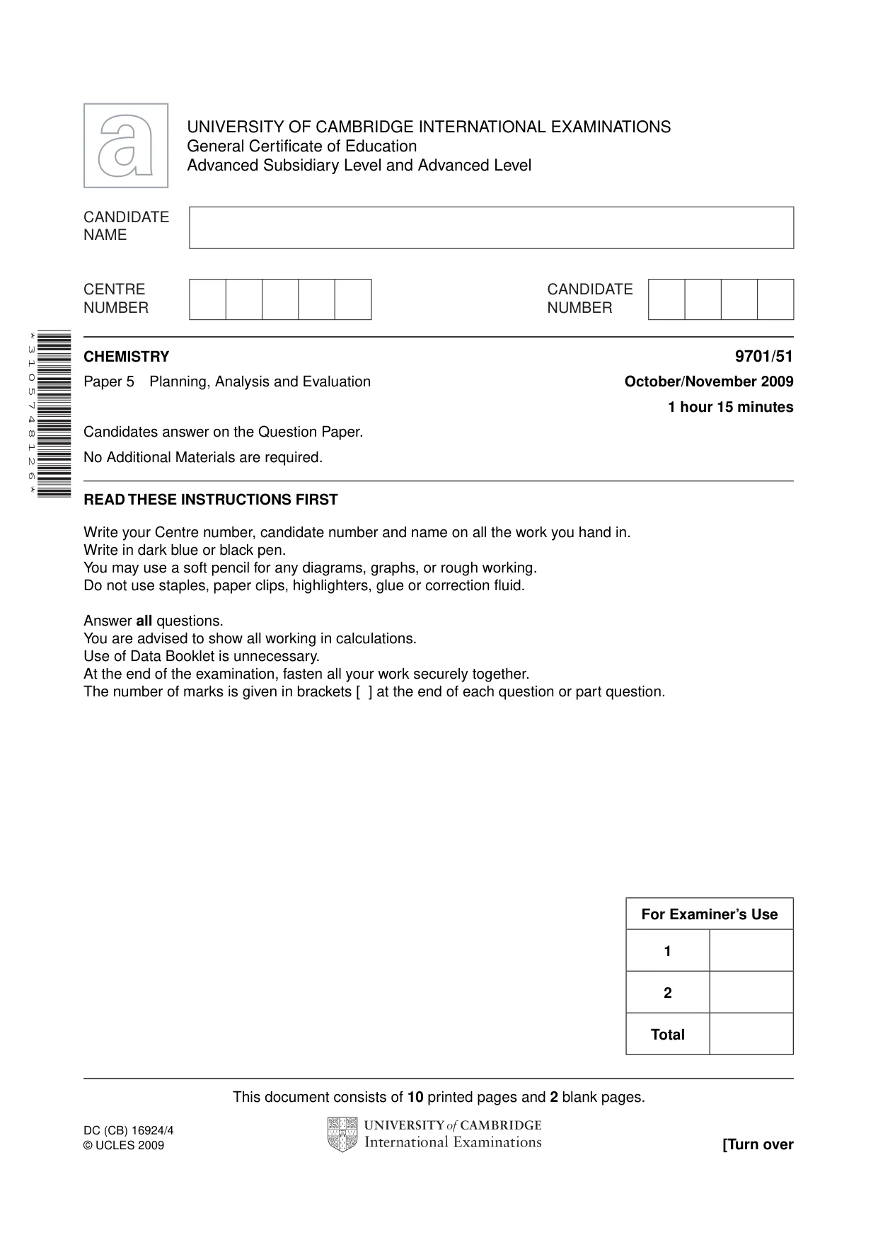 Cambridge A Level Chemistry 9701 2009 Oct/Nov Paper 5 · Variant 1 question paper, page 1 of 12