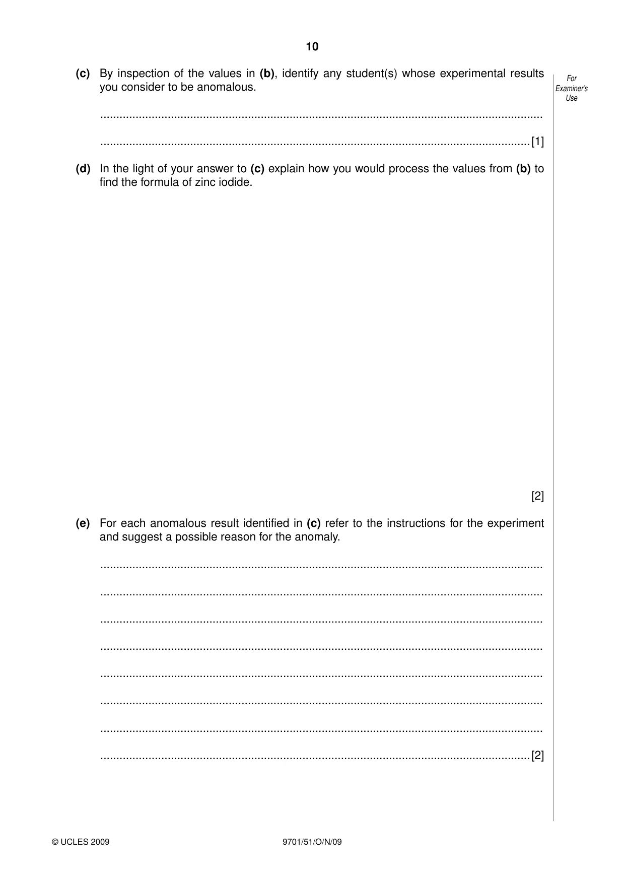 Cambridge A Level Chemistry 9701 2009 Oct/Nov Paper 5 · Variant 1 question paper, page 10 of 12