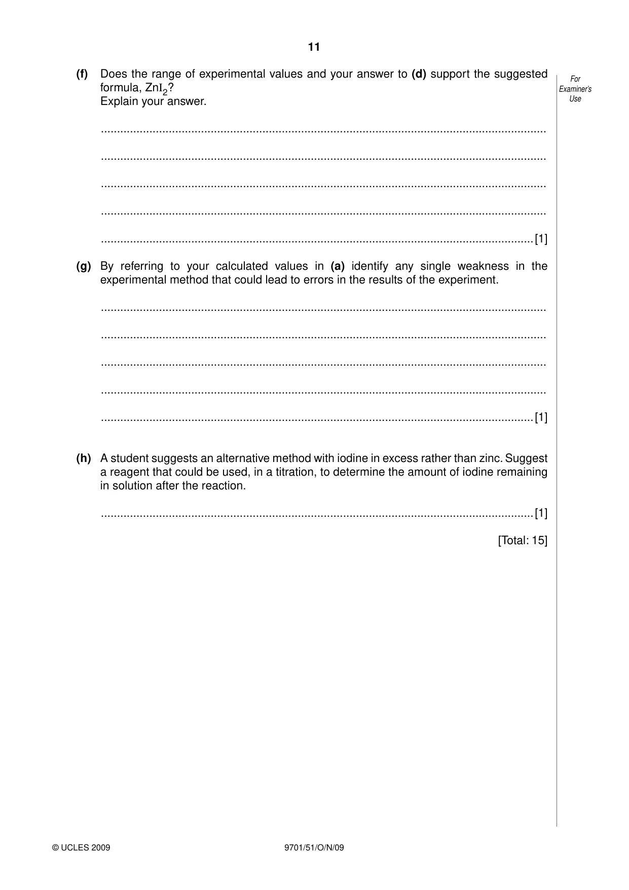 Cambridge A Level Chemistry 9701 2009 Oct/Nov Paper 5 · Variant 1 question paper, page 11 of 12