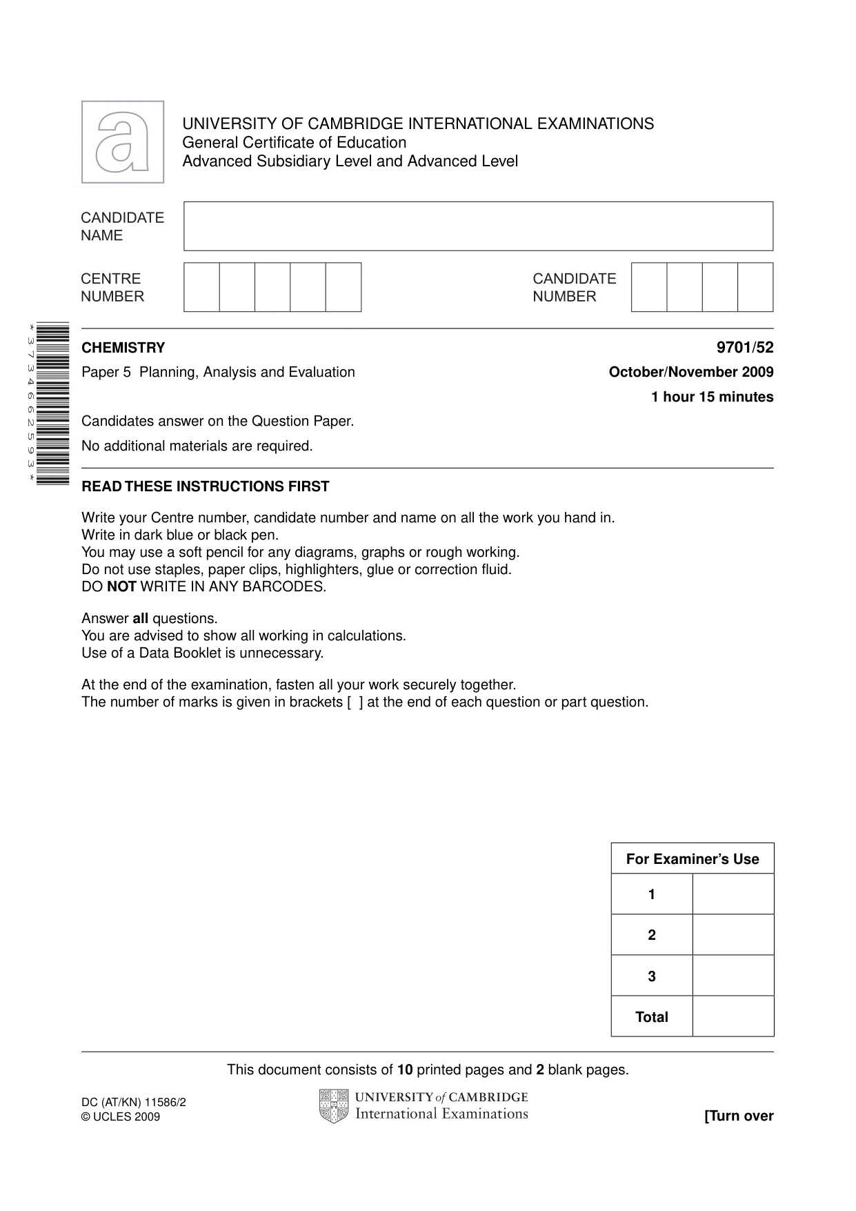 Cambridge A Level Chemistry 9701 2009 Oct/Nov Paper 5 · Variant 2 question paper, page 1 of 12