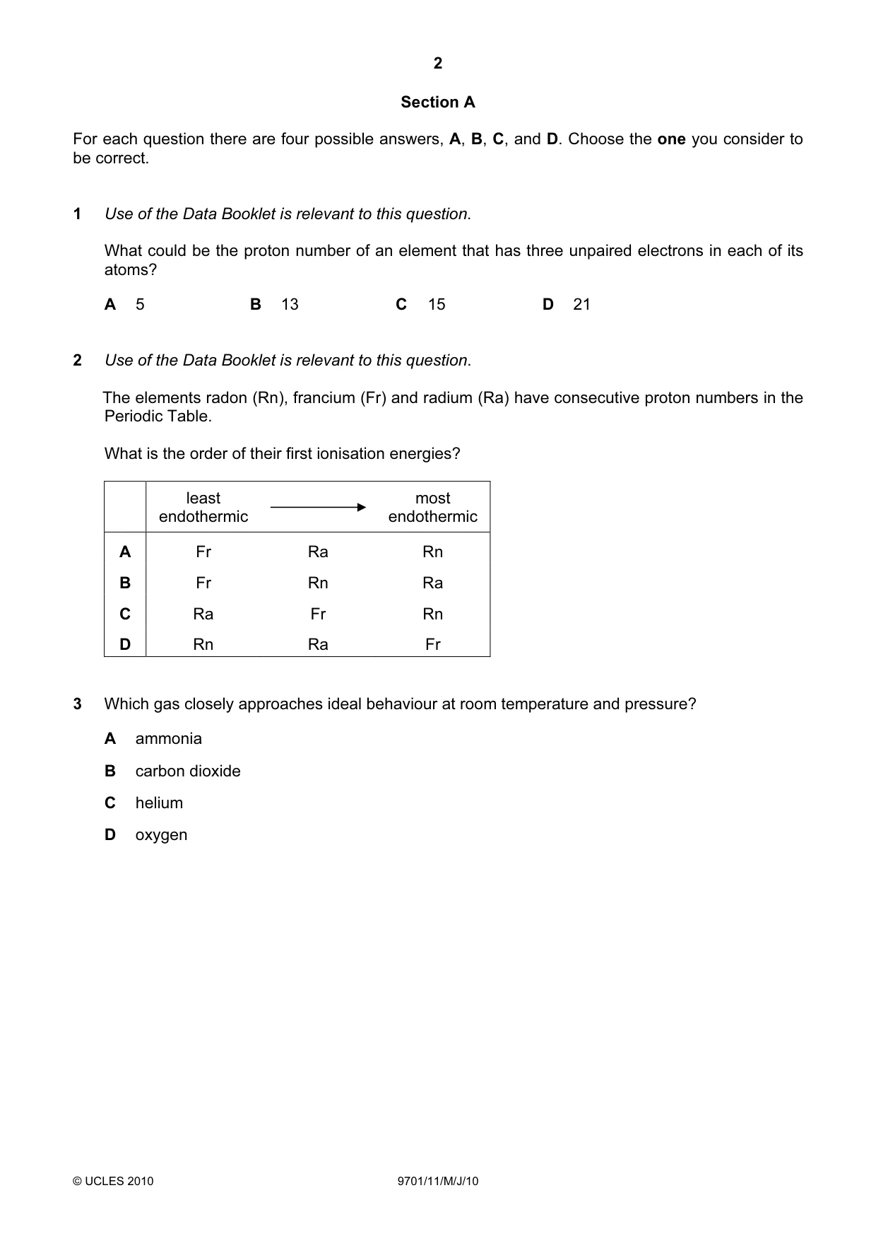 Cambridge A Level Chemistry 9701 2010 May/June Paper 1 · Variant 1 question paper, page 2 of 16