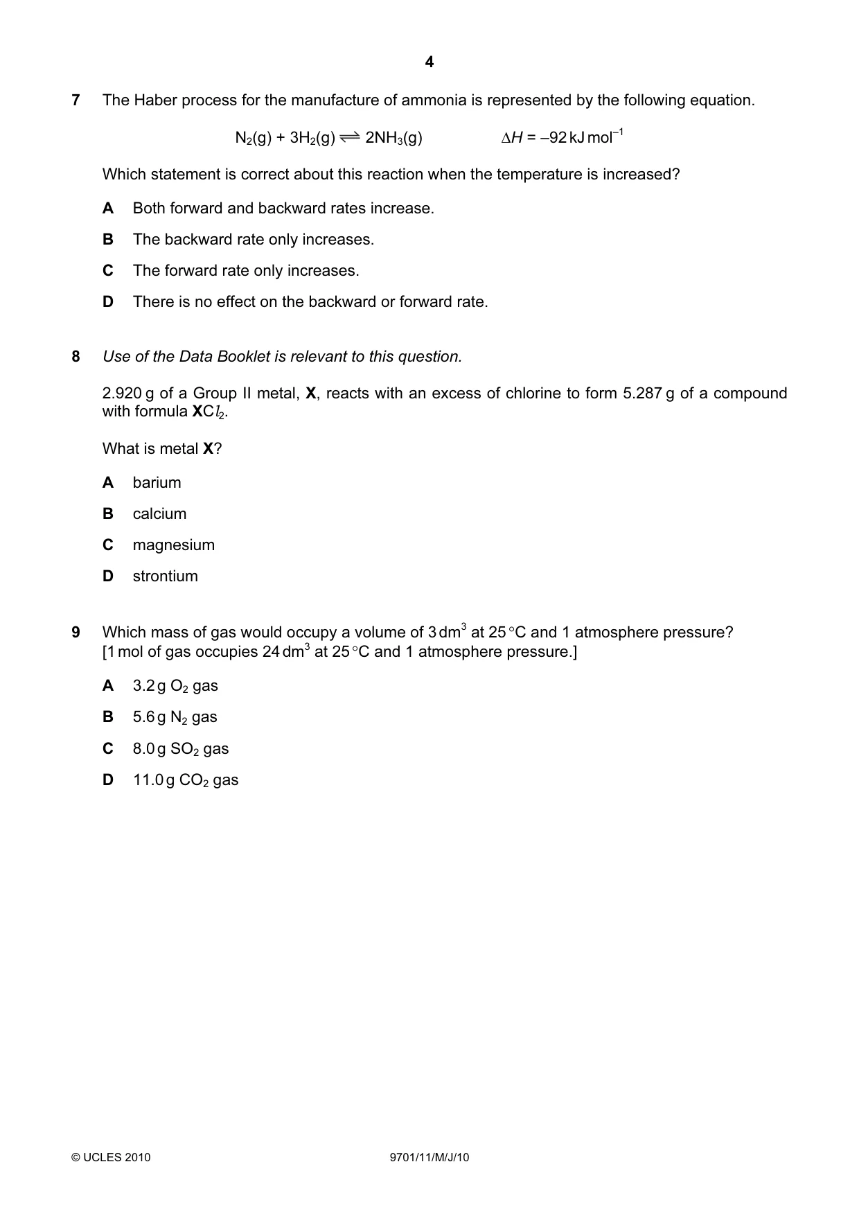 Cambridge A Level Chemistry 9701 2010 May/June Paper 1 · Variant 1 question paper, page 4 of 16