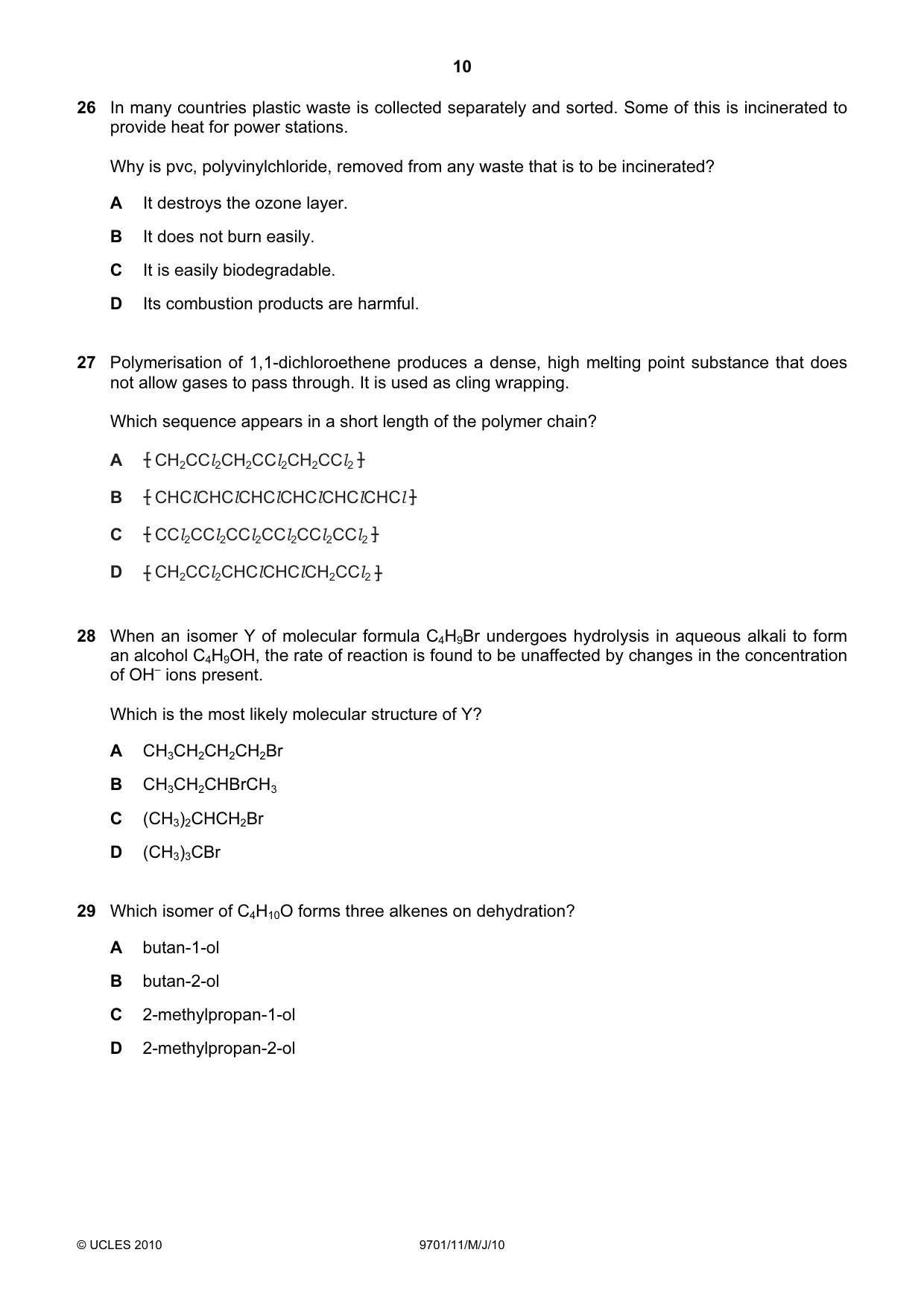 Cambridge A Level Chemistry 9701 2010 May/June Paper 1 · Variant 1 question paper, page 10 of 16