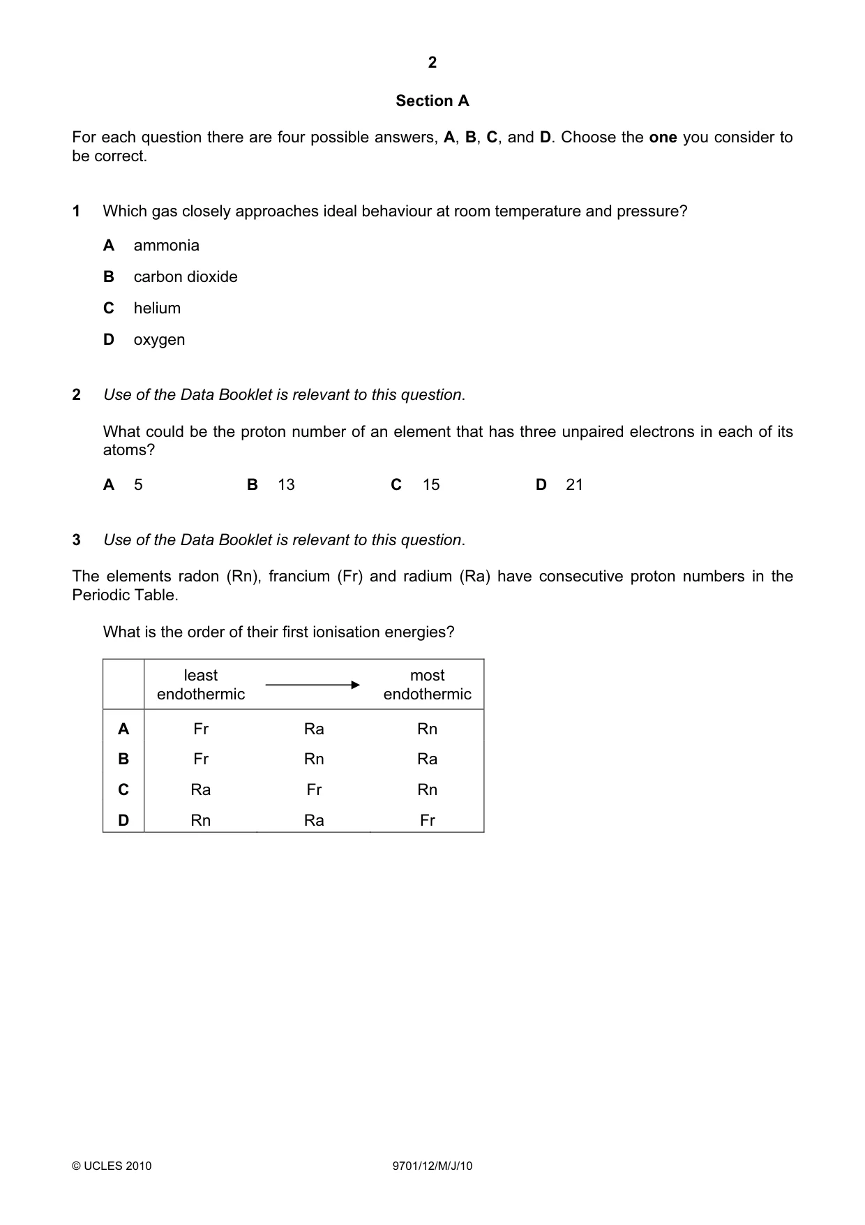 Cambridge A Level Chemistry 9701 2010 May/June Paper 1 · Variant 2 question paper, page 2 of 16