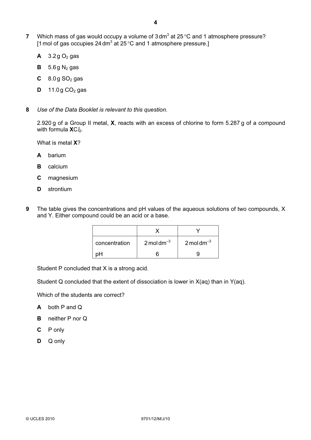 Cambridge A Level Chemistry 9701 2010 May/June Paper 1 · Variant 2 question paper, page 4 of 16