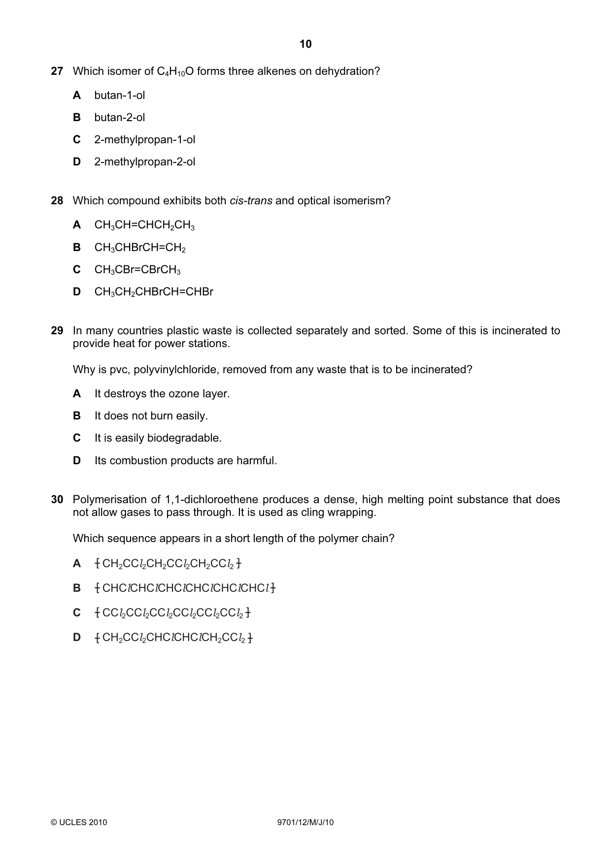 Cambridge A Level Chemistry 9701 2010 May/June Paper 1 · Variant 2 question paper, page 10 of 16