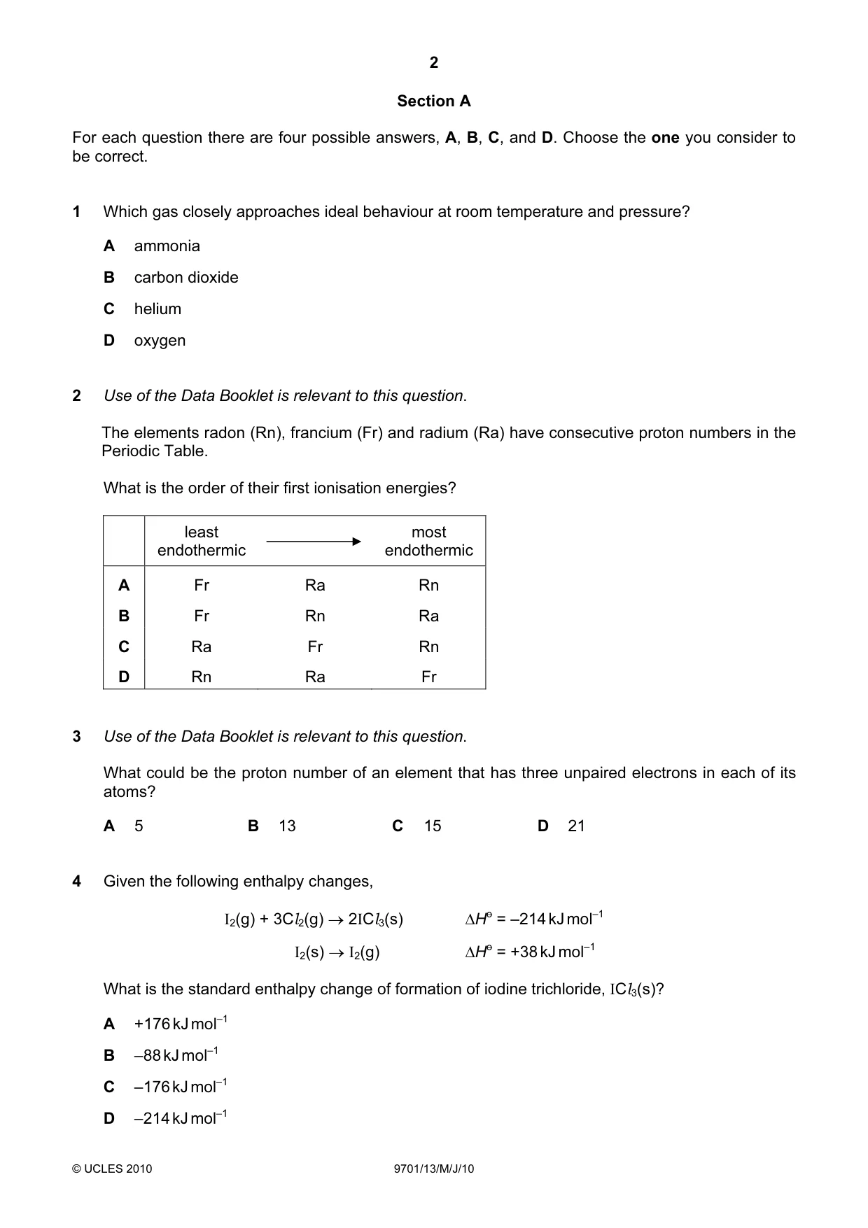 Cambridge A Level Chemistry 9701 2010 May/June Paper 1 · Variant 3 question paper, page 2 of 16
