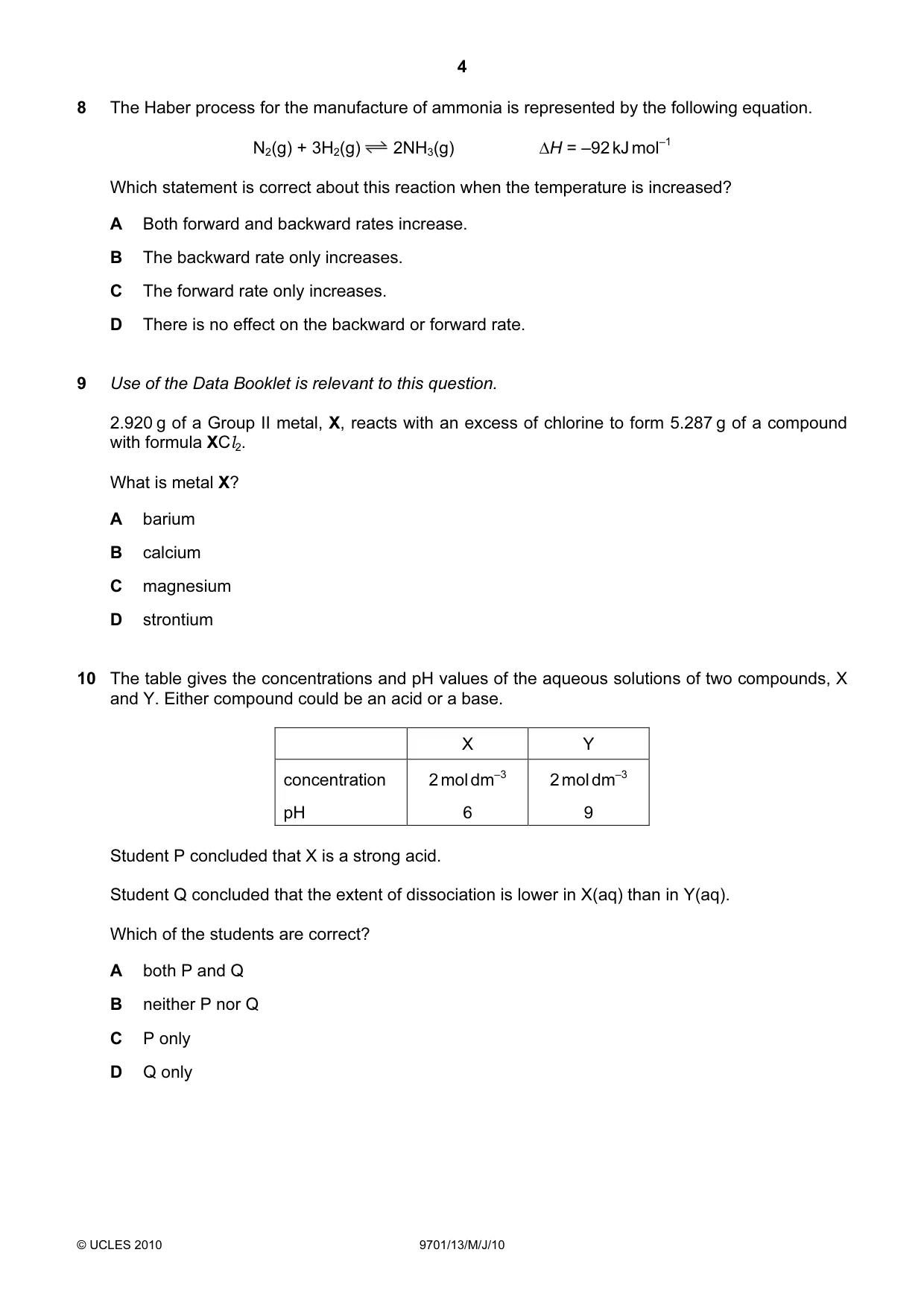 Cambridge A Level Chemistry 9701 2010 May/June Paper 1 · Variant 3 question paper, page 4 of 16