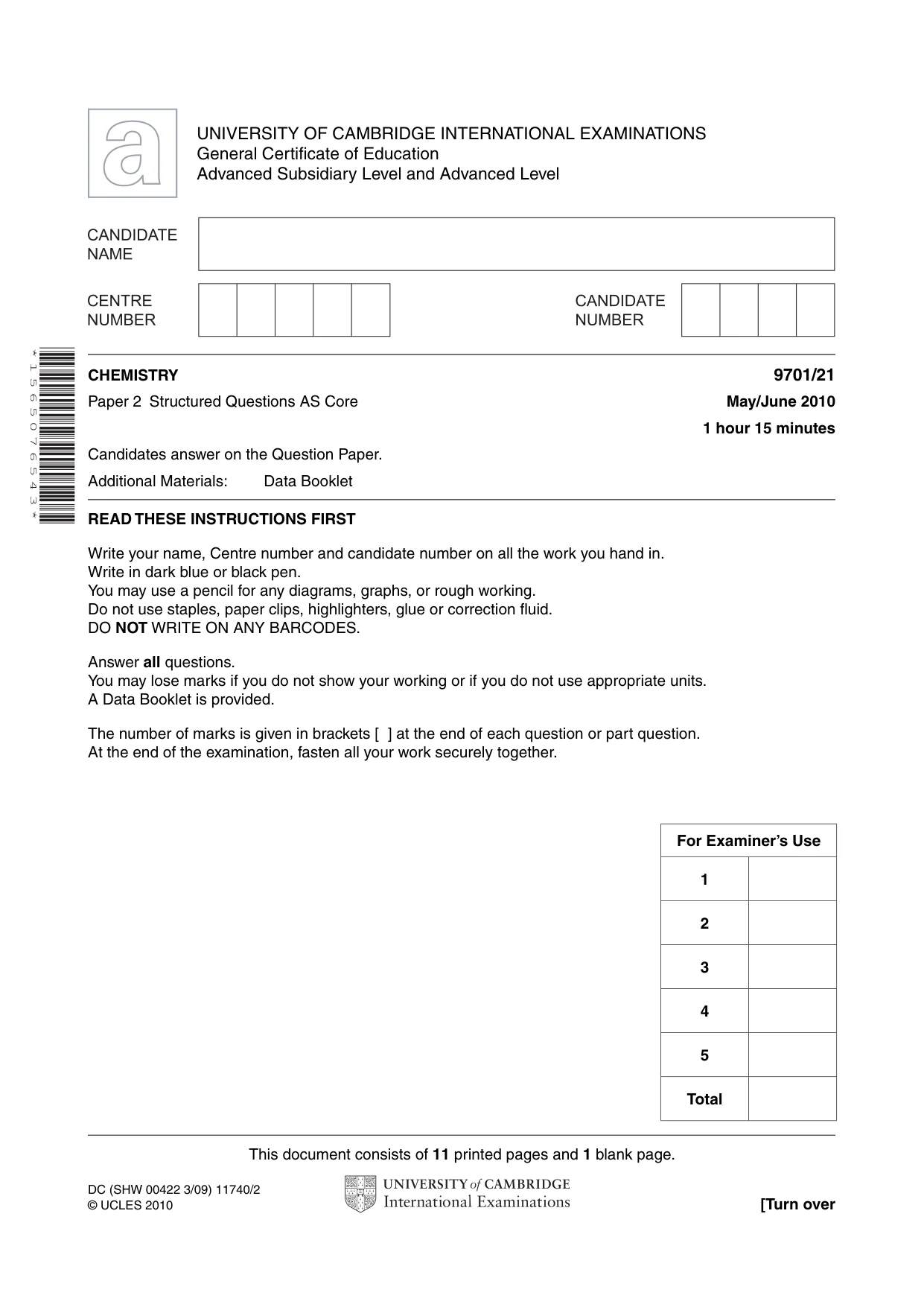 Cambridge A Level Chemistry 9701 2010 May/June Paper 2 · Variant 1 question paper, page 1 of 12