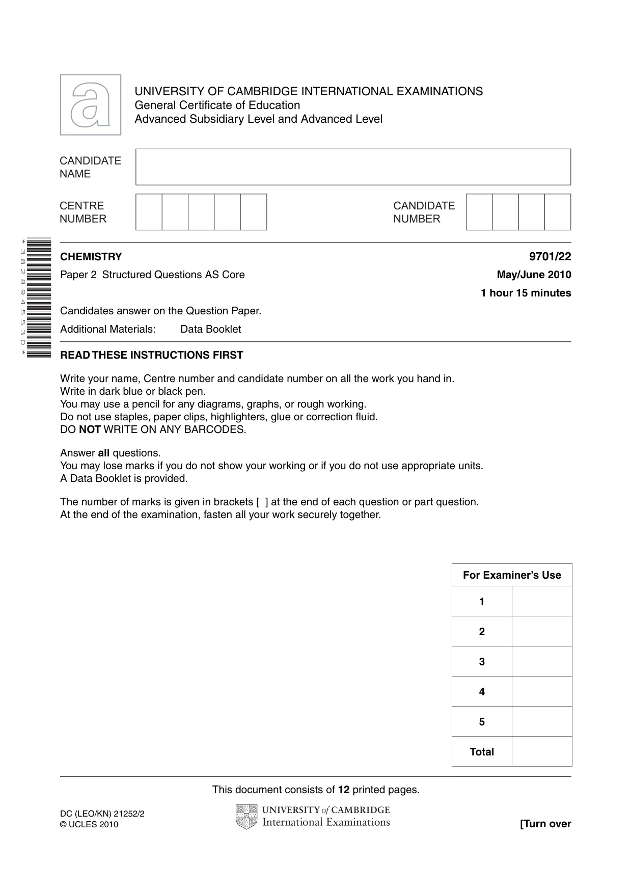 Cambridge A Level Chemistry 9701 2010 May/June Paper 2 · Variant 2 question paper, page 1 of 12