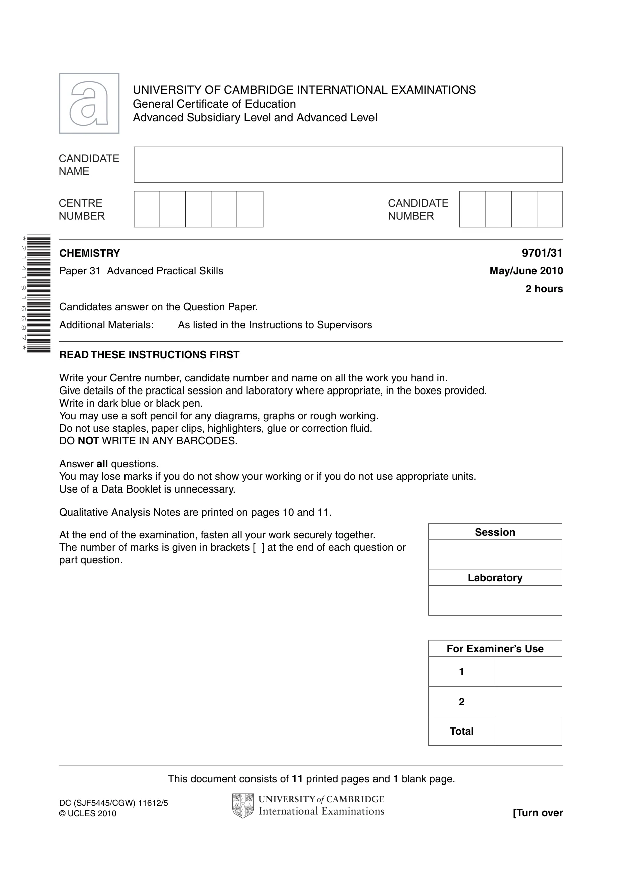 Cambridge A Level Chemistry 9701 2010 May/June Paper 3 · Variant 1 question paper, page 1 of 12