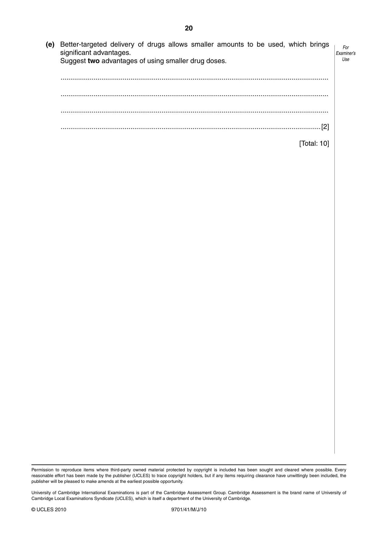 Cambridge A Level Chemistry 9701 2010 May/June Paper 4 · Variant 1 question paper, page 20 of 20