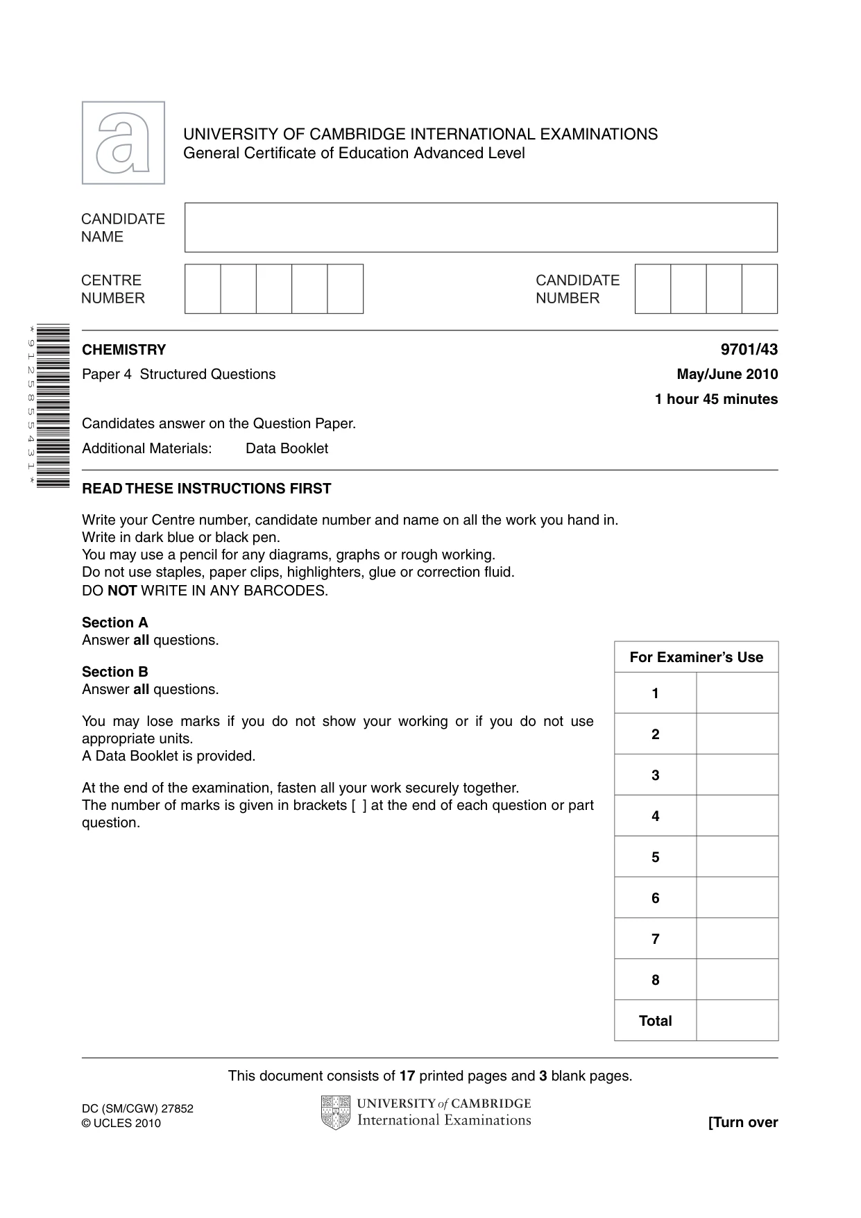 Cambridge A Level Chemistry 9701 2010 May/June Paper 4 · Variant 3 question paper, page 1 of 20