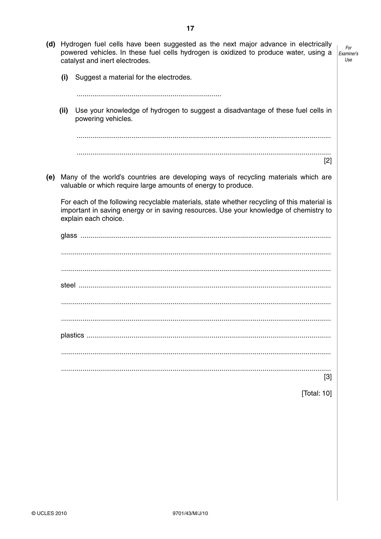 Cambridge A Level Chemistry 9701 2010 May/June Paper 4 · Variant 3 question paper, page 17 of 20