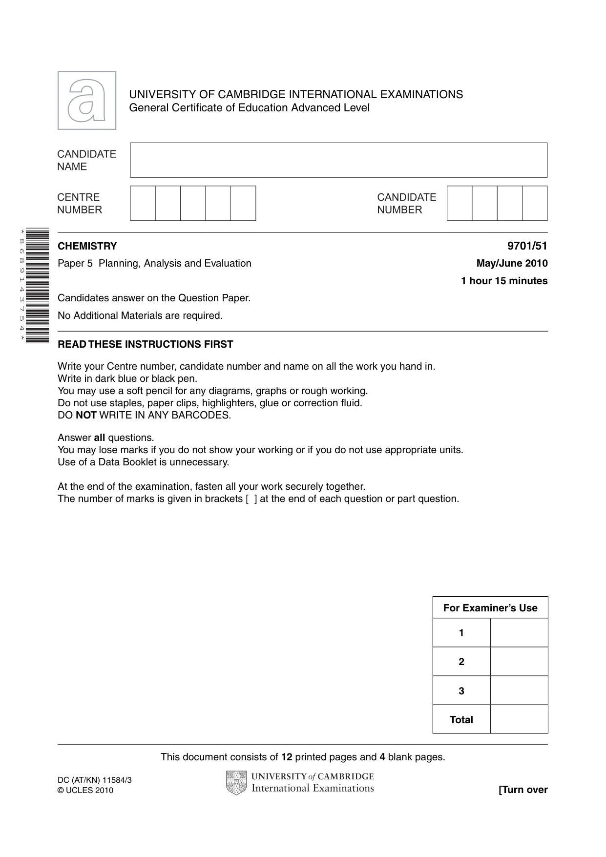 Cambridge A Level Chemistry 9701 2010 May/June Paper 5 · Variant 1 question paper, page 1 of 16