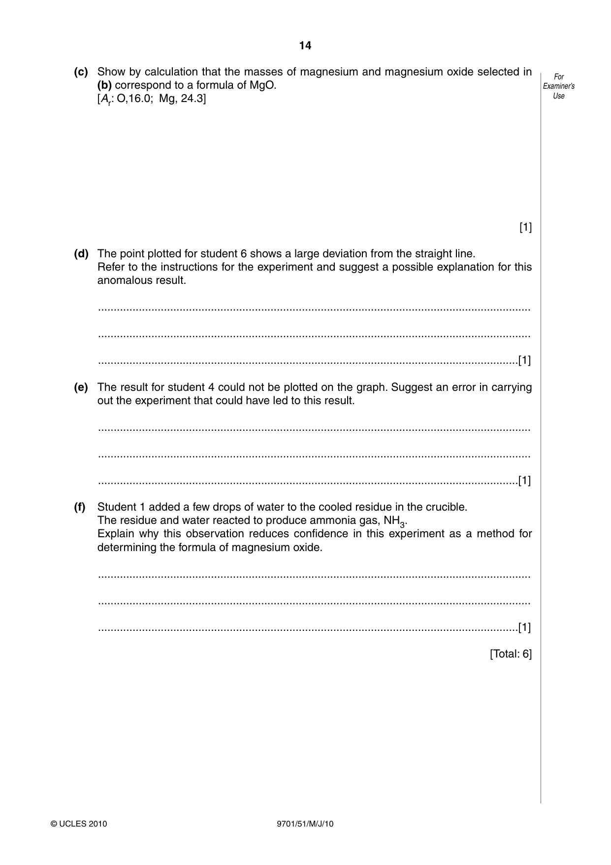Cambridge A Level Chemistry 9701 2010 May/June Paper 5 · Variant 1 question paper, page 14 of 16