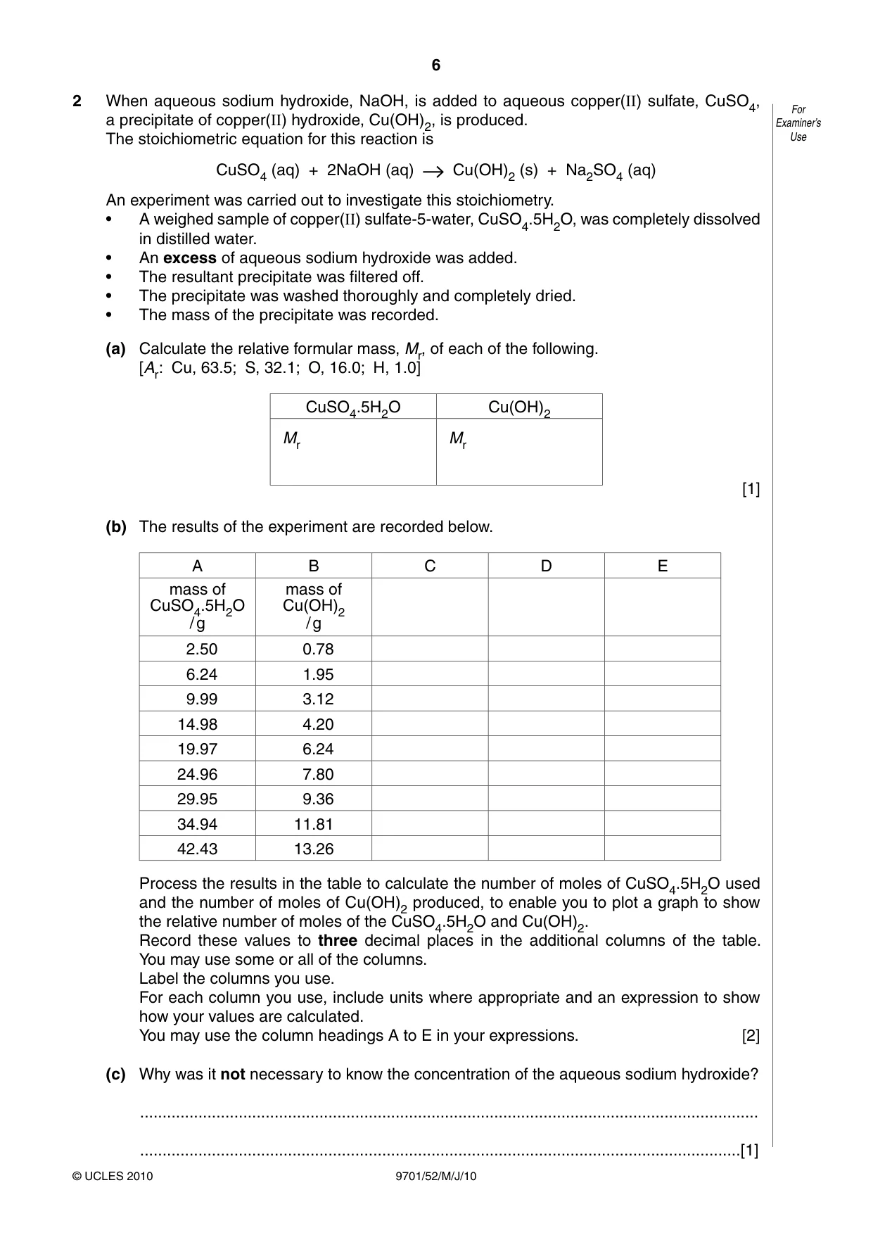 Cambridge A Level Chemistry 9701 2010 May/June Paper 5 · Variant 2 question paper, page 6 of 12