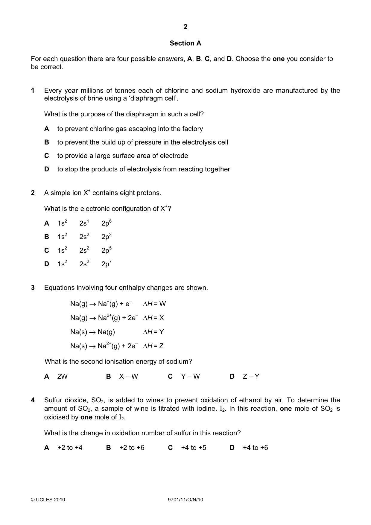 Cambridge A Level Chemistry 9701 2010 Oct/Nov Paper 1 · Variant 1 question paper, page 2 of 16