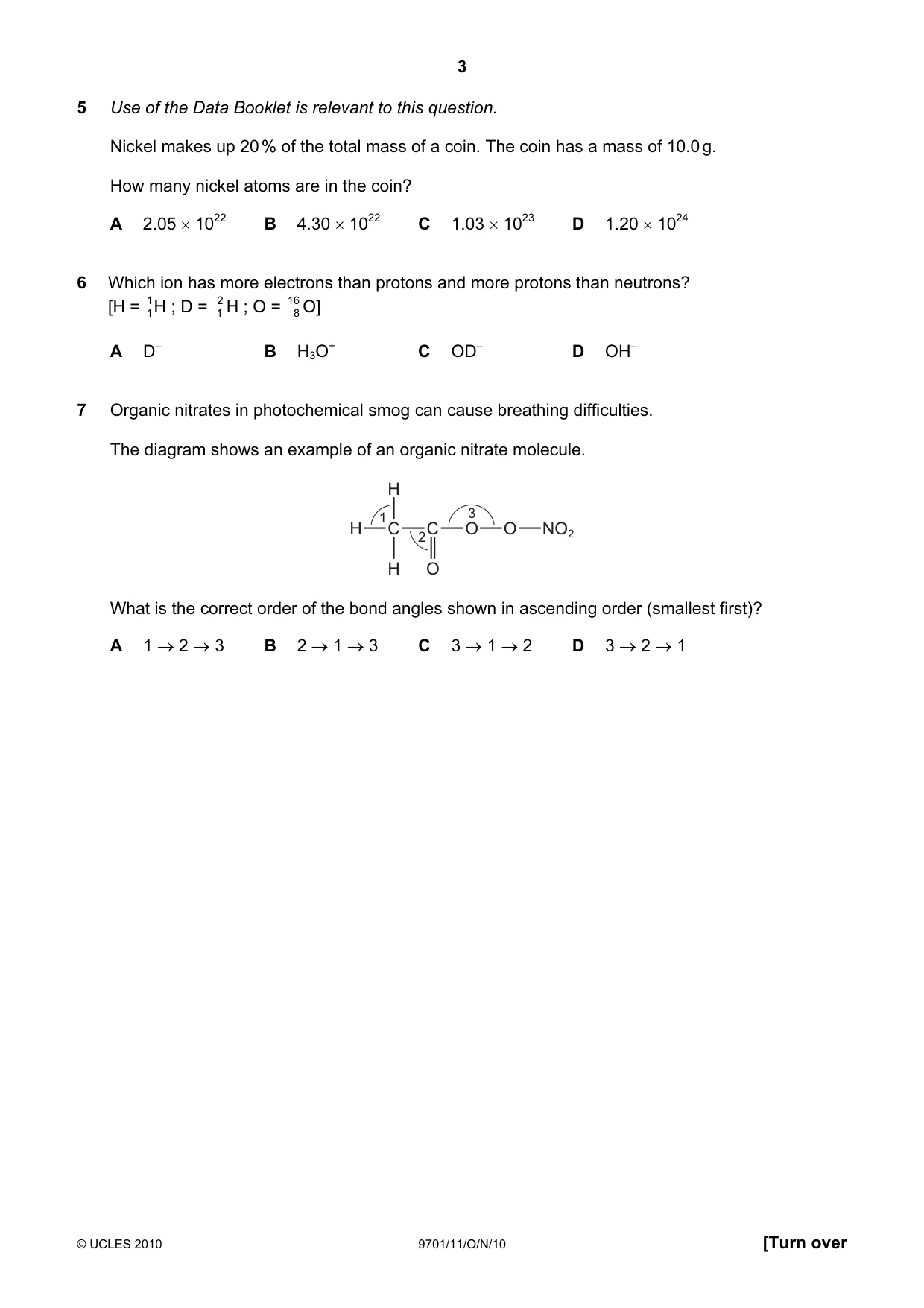 Cambridge A Level Chemistry 9701 2010 Oct/Nov Paper 1 · Variant 1 question paper, page 3 of 16