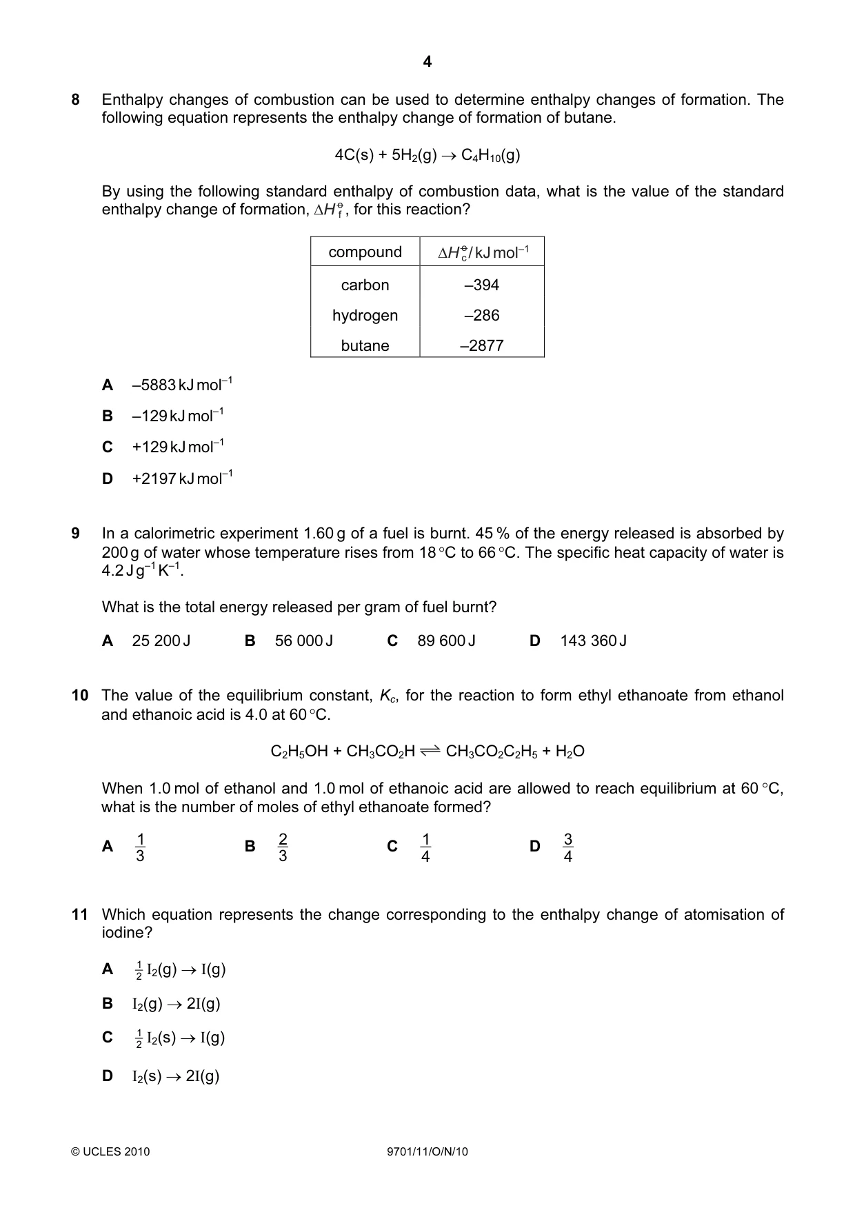 Cambridge A Level Chemistry 9701 2010 Oct/Nov Paper 1 · Variant 1 question paper, page 4 of 16