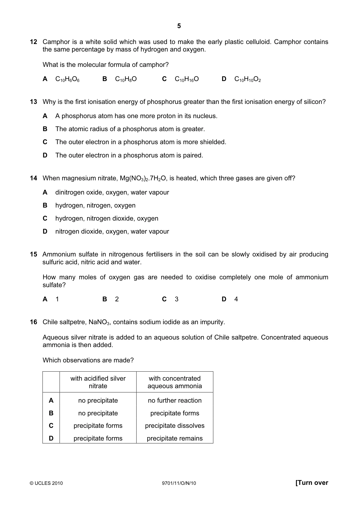 Cambridge A Level Chemistry 9701 2010 Oct/Nov Paper 1 · Variant 1 question paper, page 5 of 16