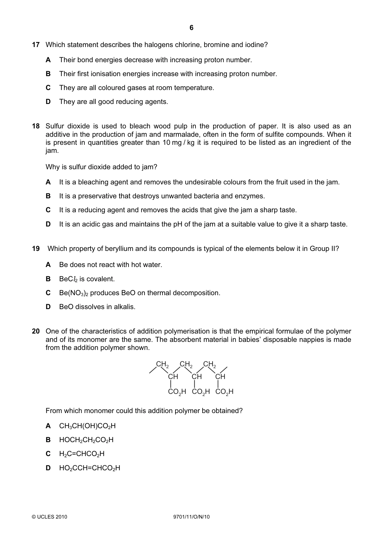 Cambridge A Level Chemistry 9701 2010 Oct/Nov Paper 1 · Variant 1 question paper, page 6 of 16