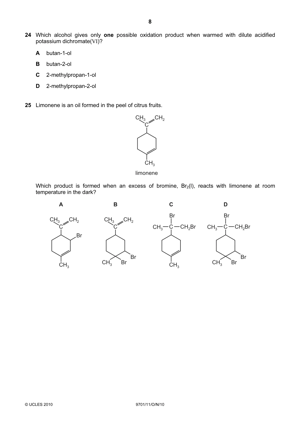 Cambridge A Level Chemistry 9701 2010 Oct/Nov Paper 1 · Variant 1 question paper, page 8 of 16