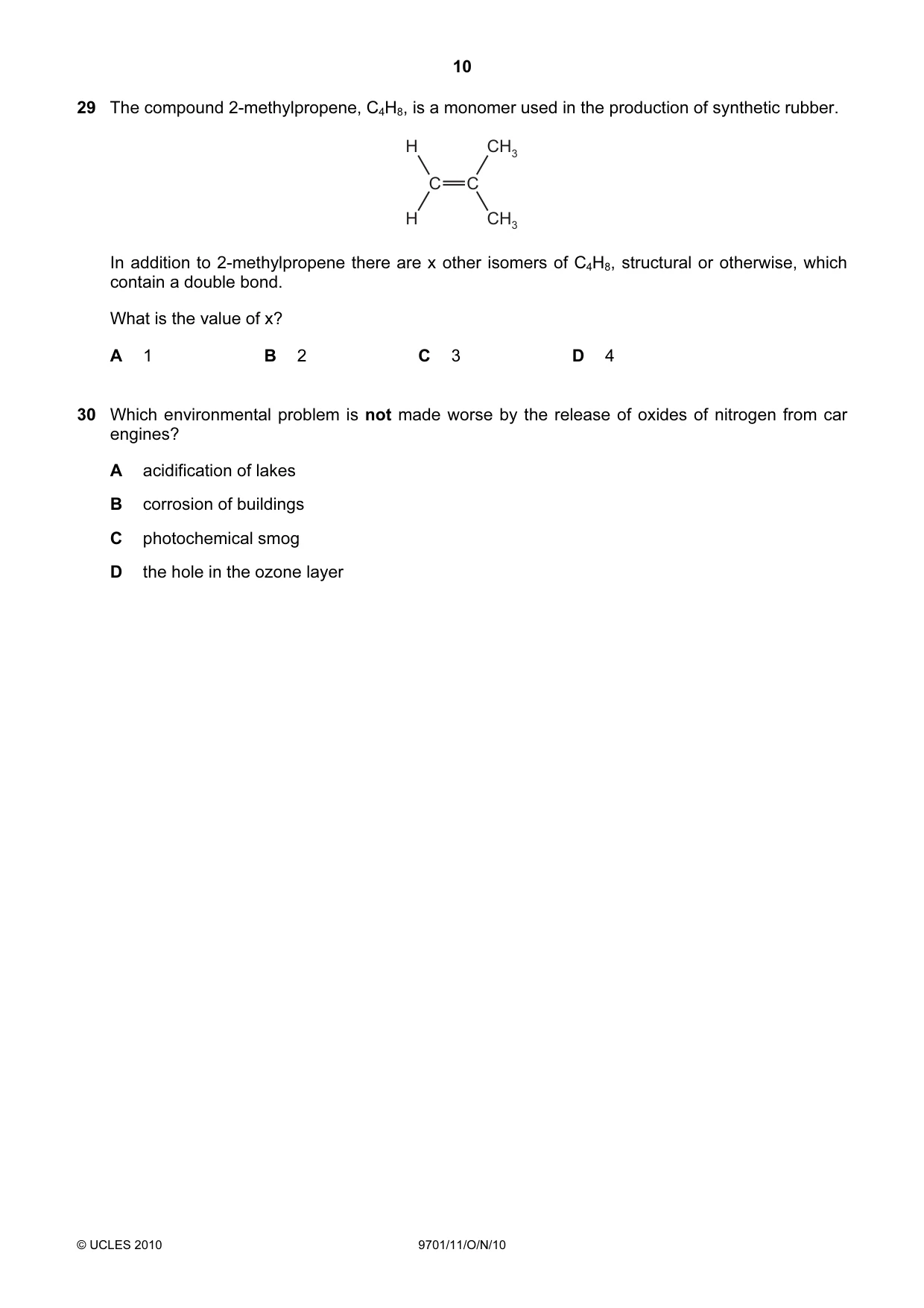 Cambridge A Level Chemistry 9701 2010 Oct/Nov Paper 1 · Variant 1 question paper, page 10 of 16
