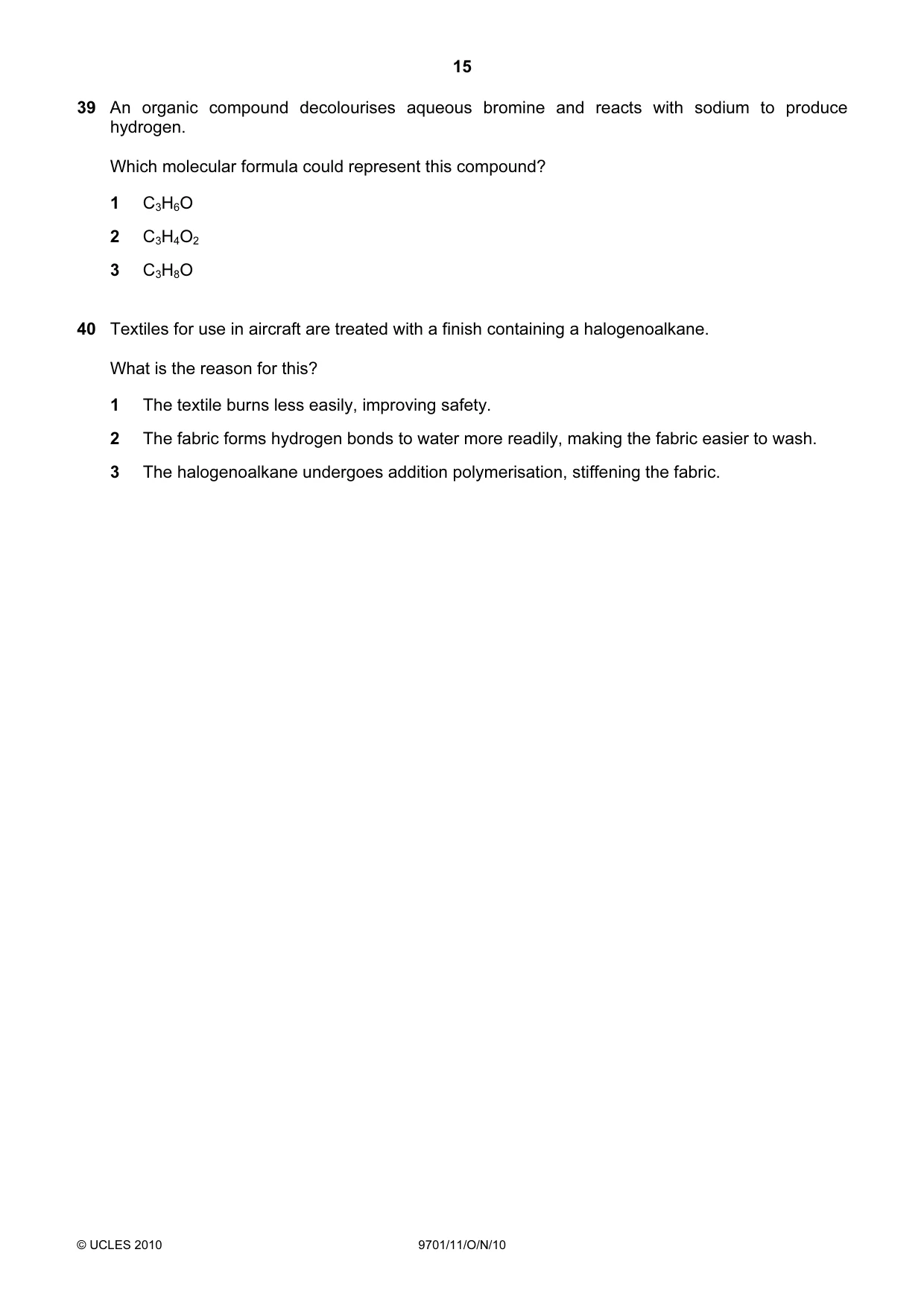 Cambridge A Level Chemistry 9701 2010 Oct/Nov Paper 1 · Variant 1 question paper, page 15 of 16