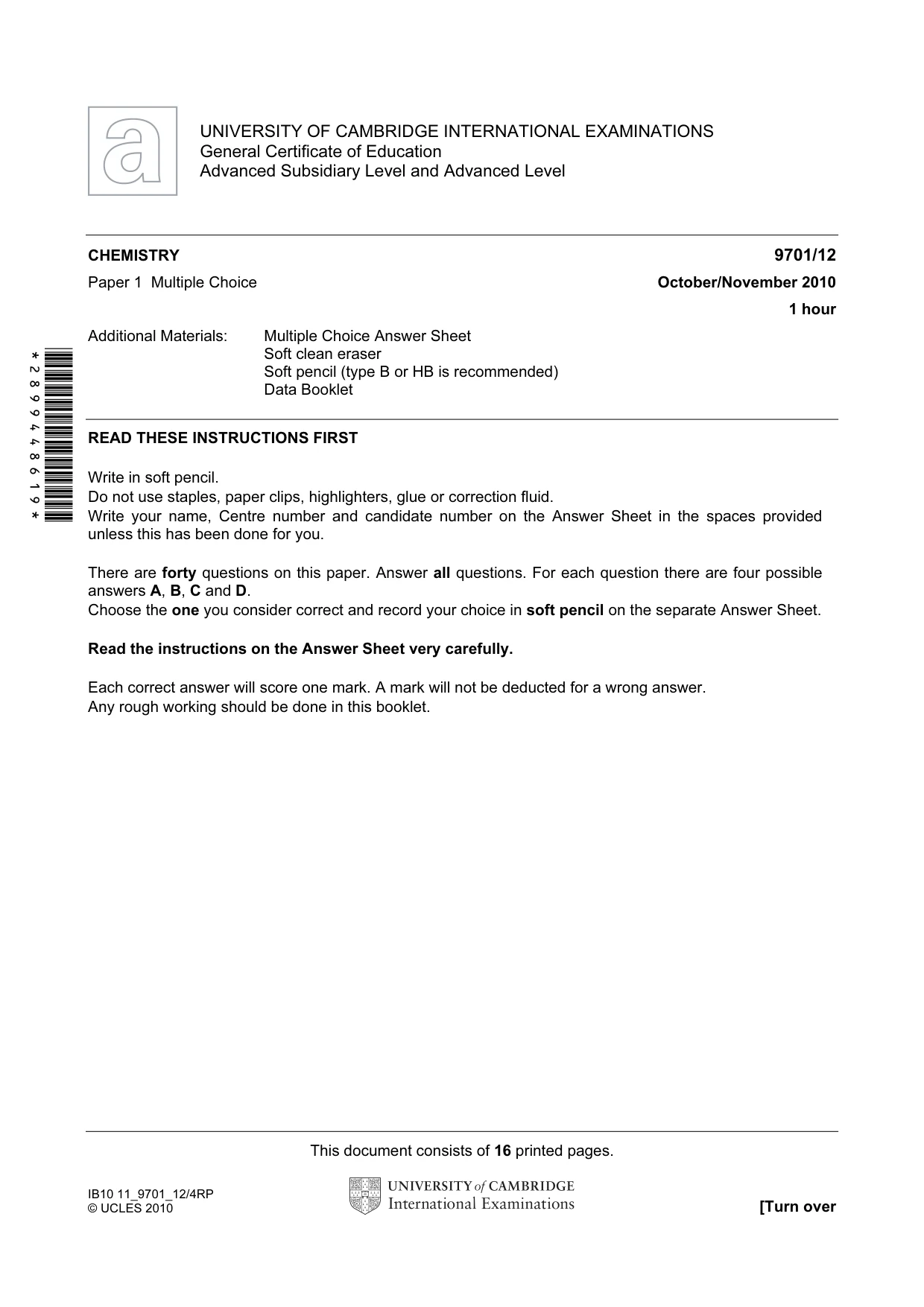 Cambridge A Level Chemistry 9701 2010 Oct/Nov Paper 1 · Variant 2 question paper, page 1 of 16