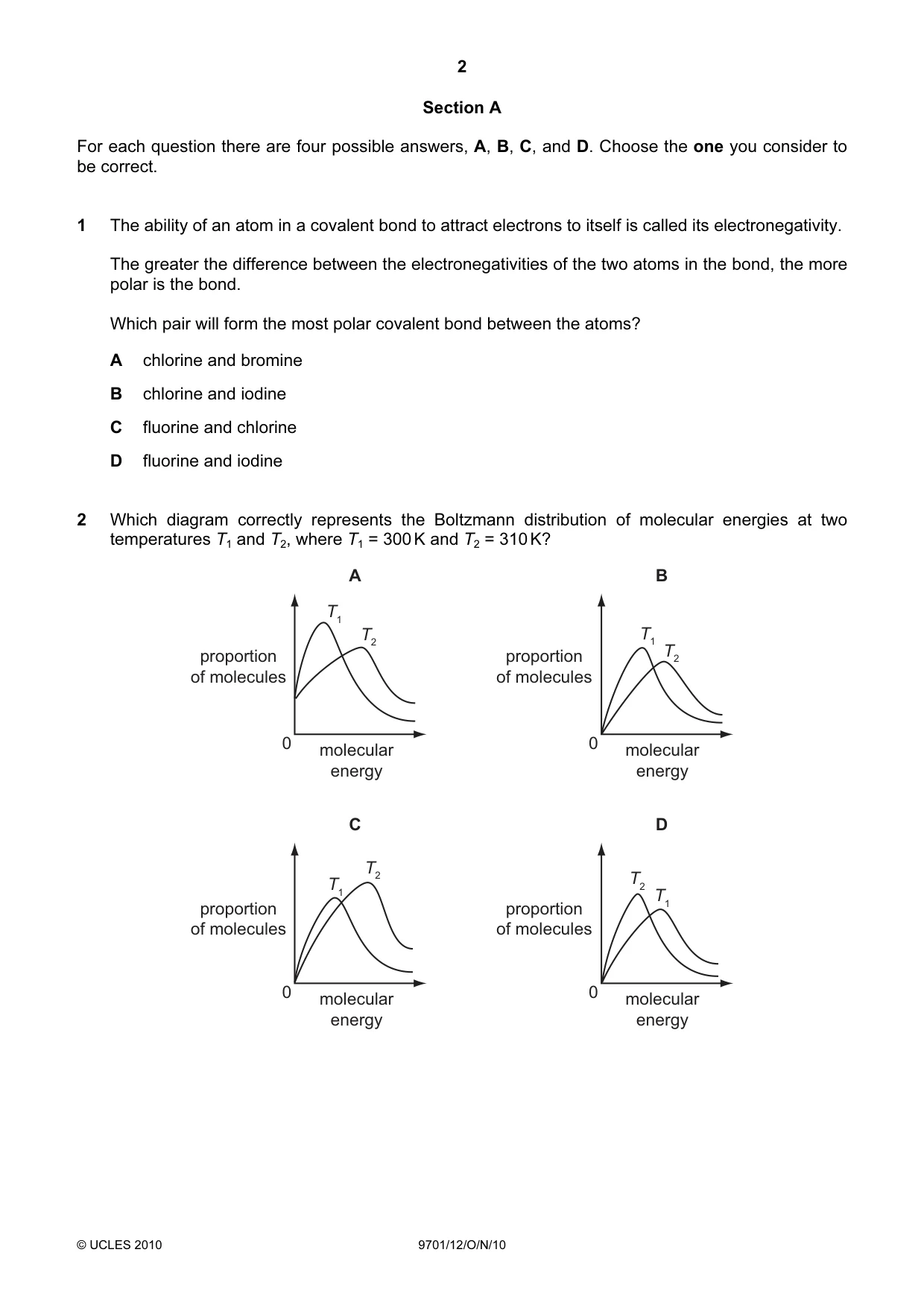 Cambridge A Level Chemistry 9701 2010 Oct/Nov Paper 1 · Variant 2 question paper, page 2 of 16