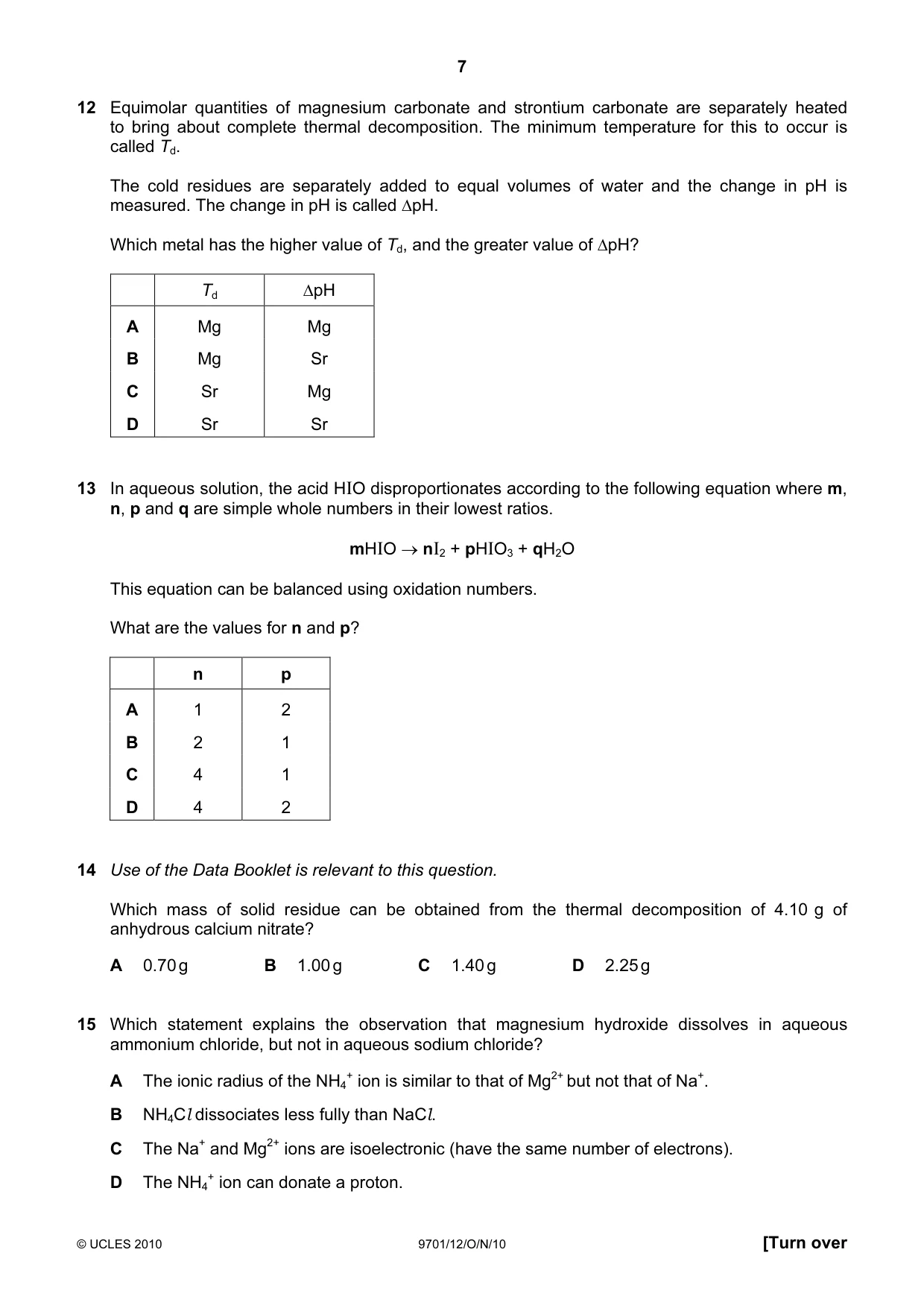 Cambridge A Level Chemistry 9701 2010 Oct/Nov Paper 1 · Variant 2 question paper, page 7 of 16