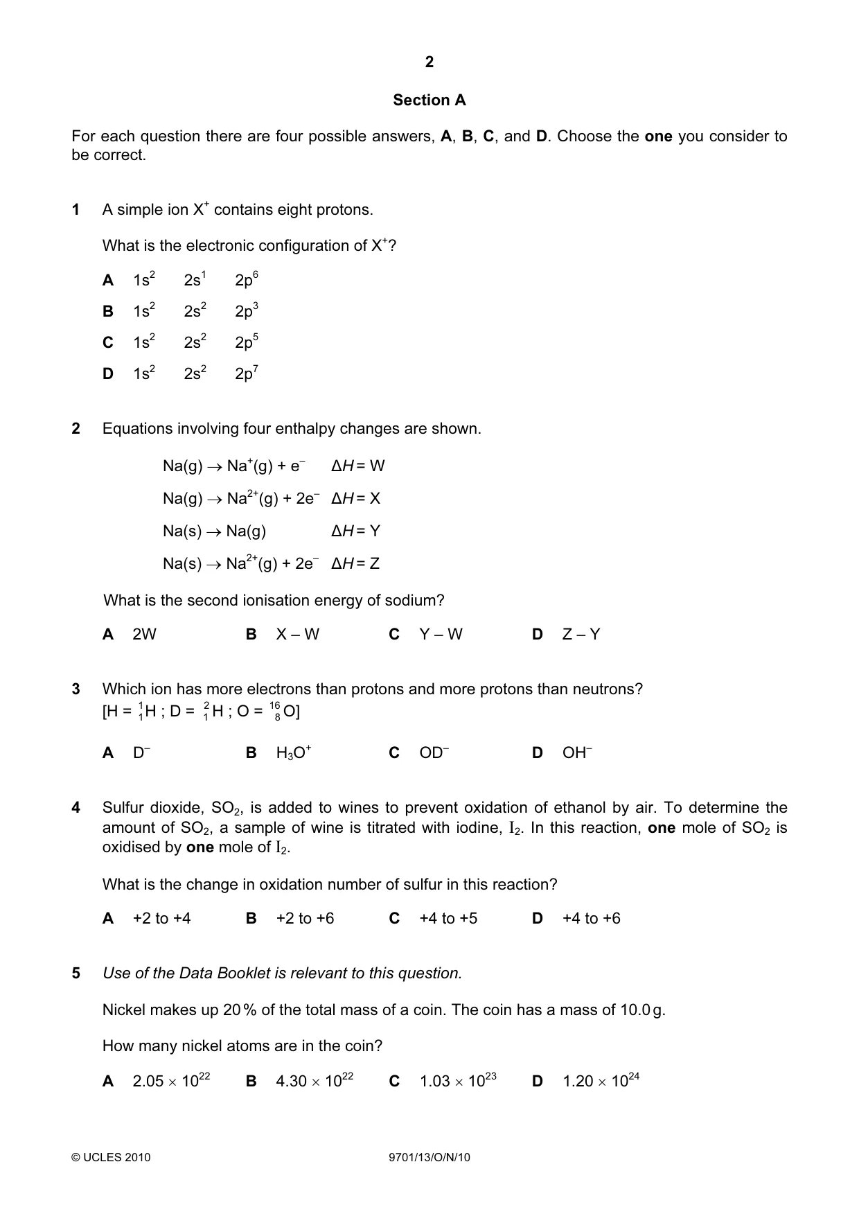 Cambridge A Level Chemistry 9701 2010 Oct/Nov Paper 1 · Variant 3 question paper, page 2 of 16