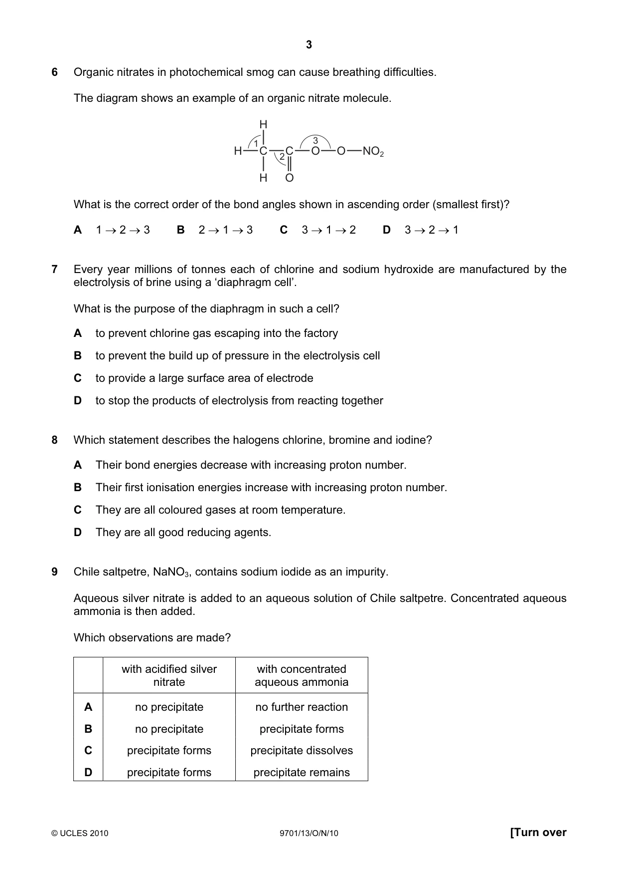 Cambridge A Level Chemistry 9701 2010 Oct/Nov Paper 1 · Variant 3 question paper, page 3 of 16