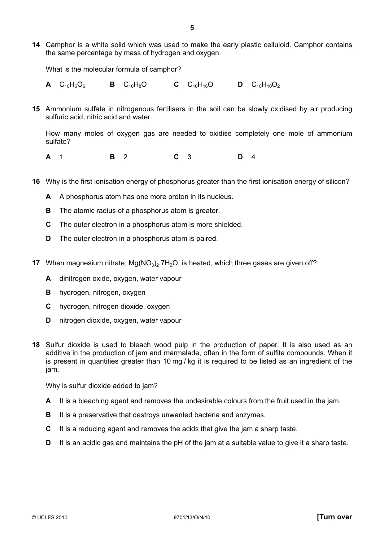 Cambridge A Level Chemistry 9701 2010 Oct/Nov Paper 1 · Variant 3 question paper, page 5 of 16