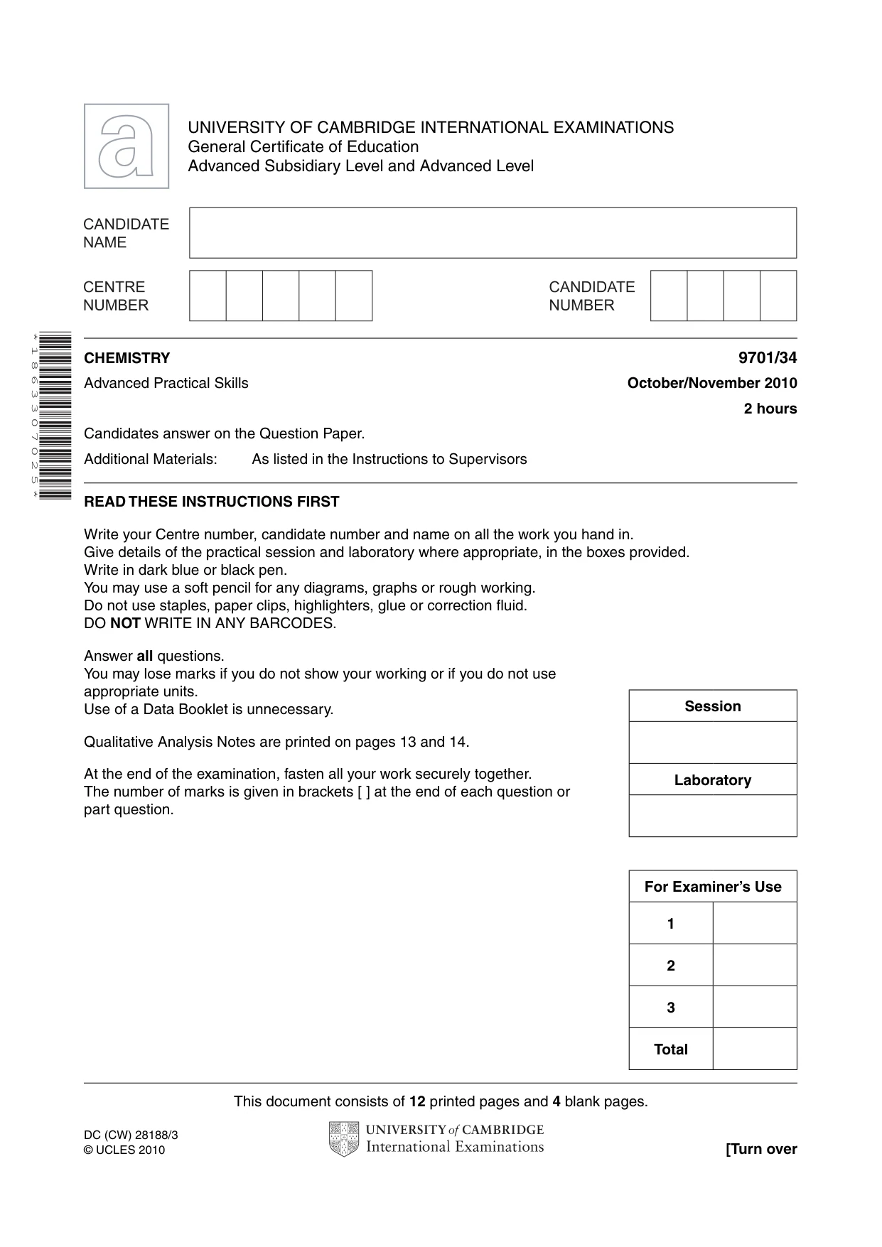 Cambridge A Level Chemistry 9701 2010 Oct/Nov Paper 3 · Variant 4 question paper, page 1 of 16