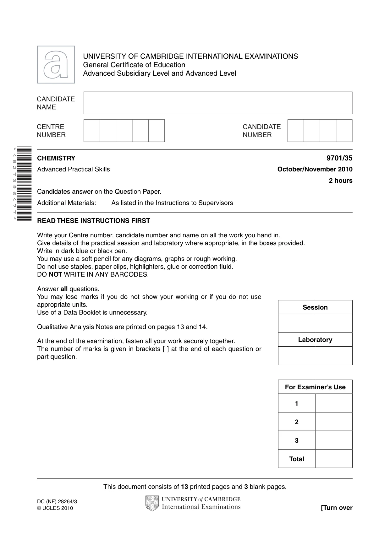 Cambridge A Level Chemistry 9701 2010 Oct/Nov Paper 3 · Variant 5 question paper, page 1 of 16