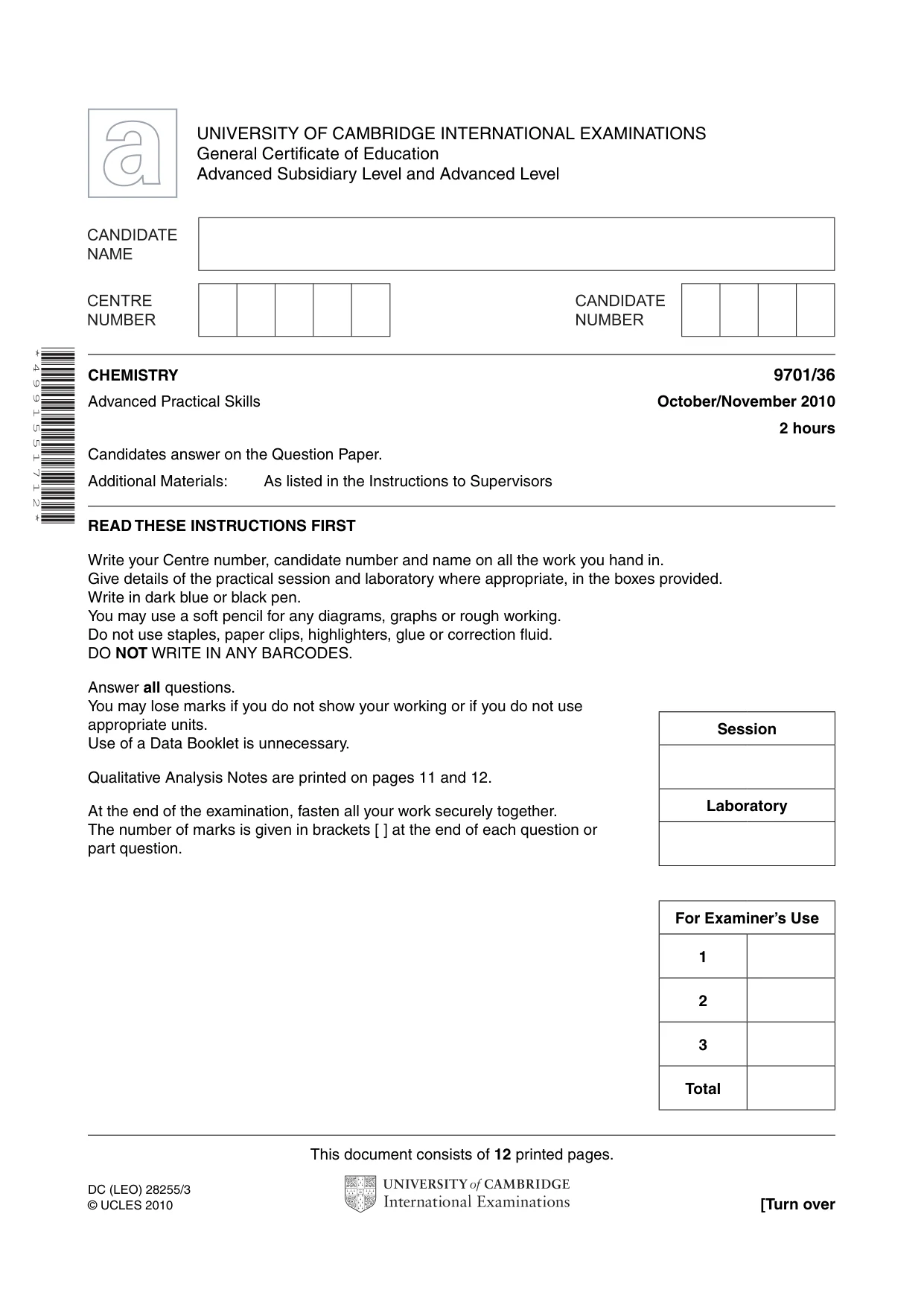 Cambridge A Level Chemistry 9701 2010 Oct/Nov Paper 3 · Variant 6 question paper, page 1 of 12