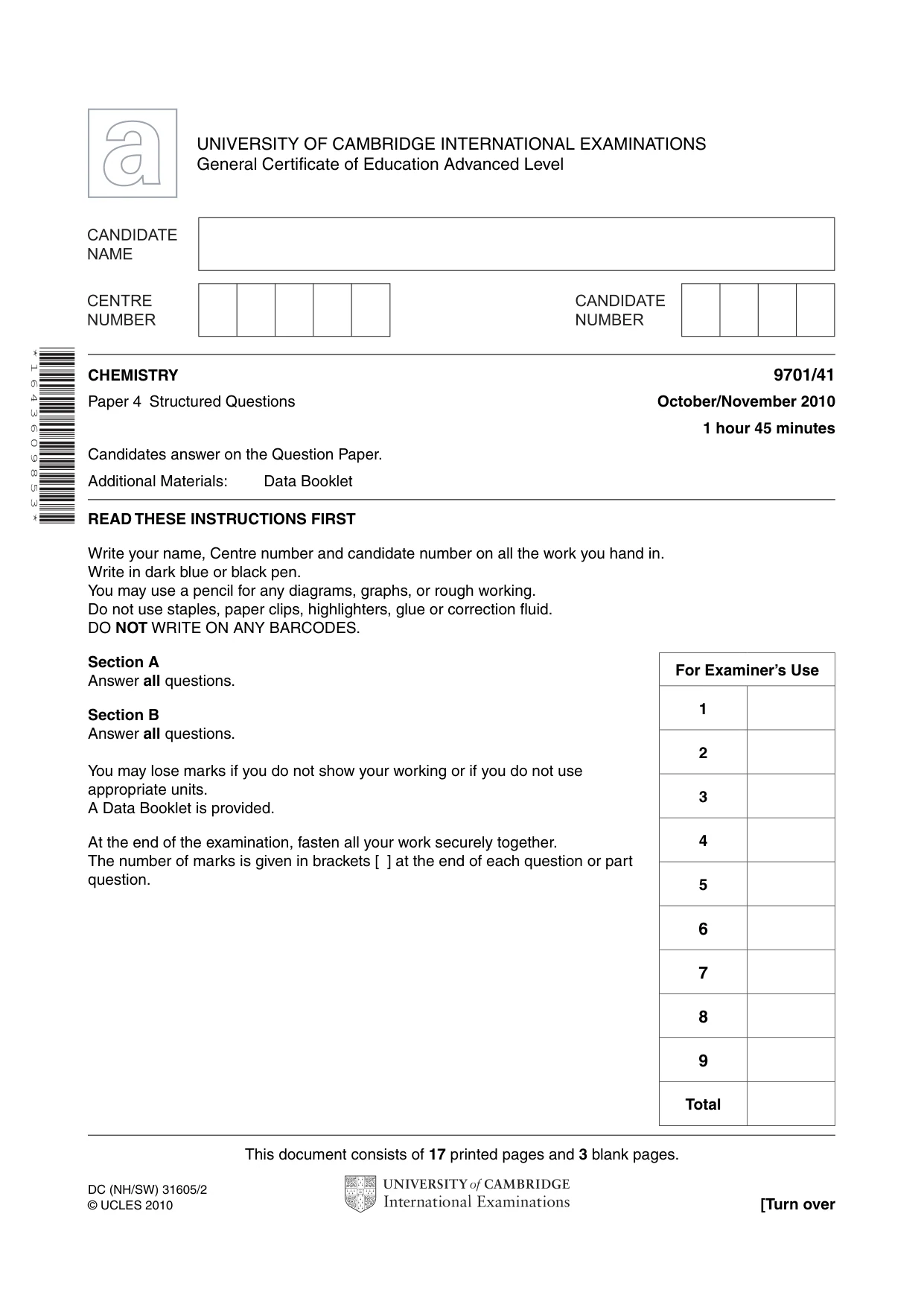 Cambridge A Level Chemistry 9701 2010 Oct/Nov Paper 4 · Variant 1 question paper, page 1 of 20