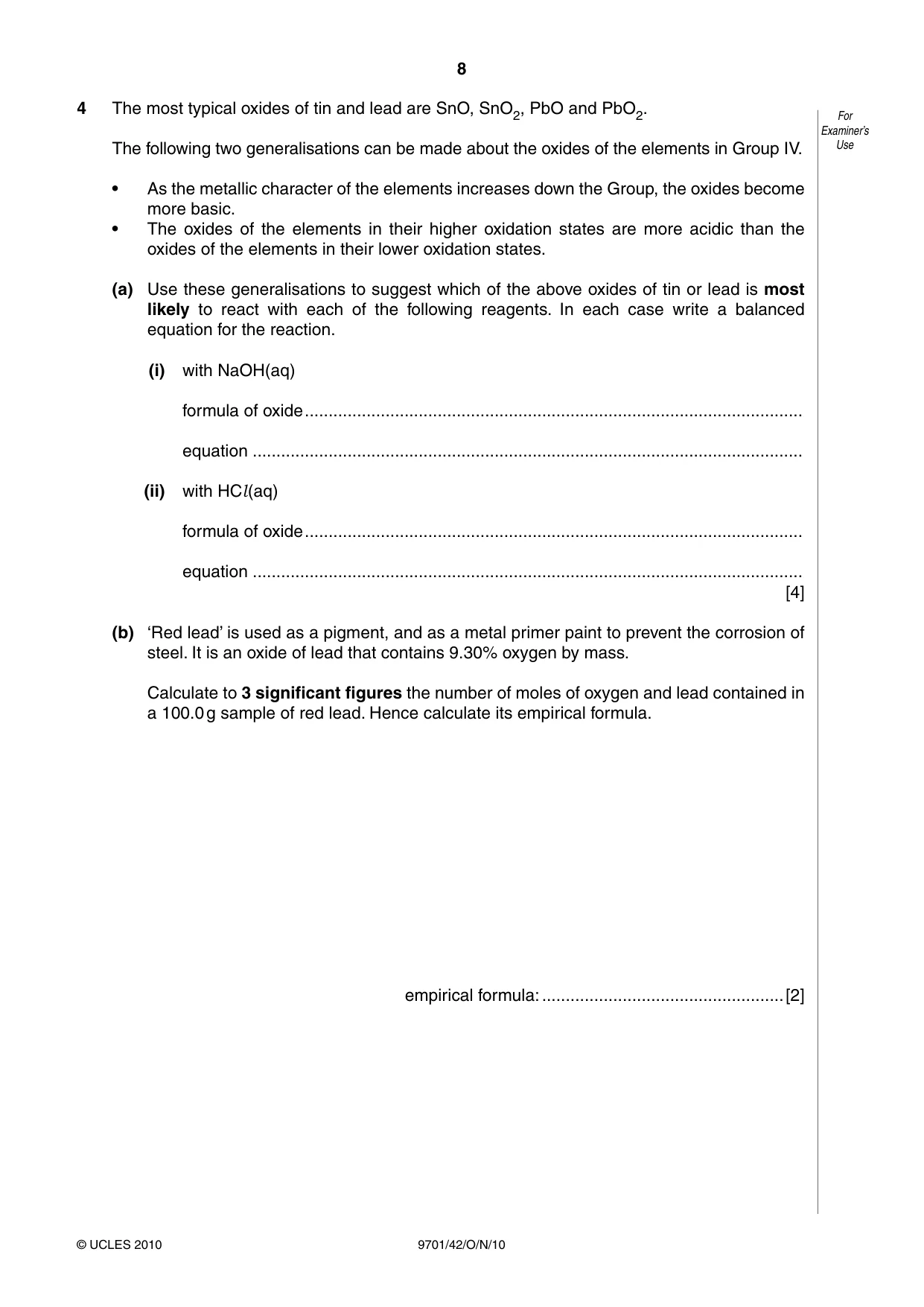 Cambridge A Level Chemistry 9701 2010 Oct/Nov Paper 4 · Variant 2 question paper, page 8 of 20