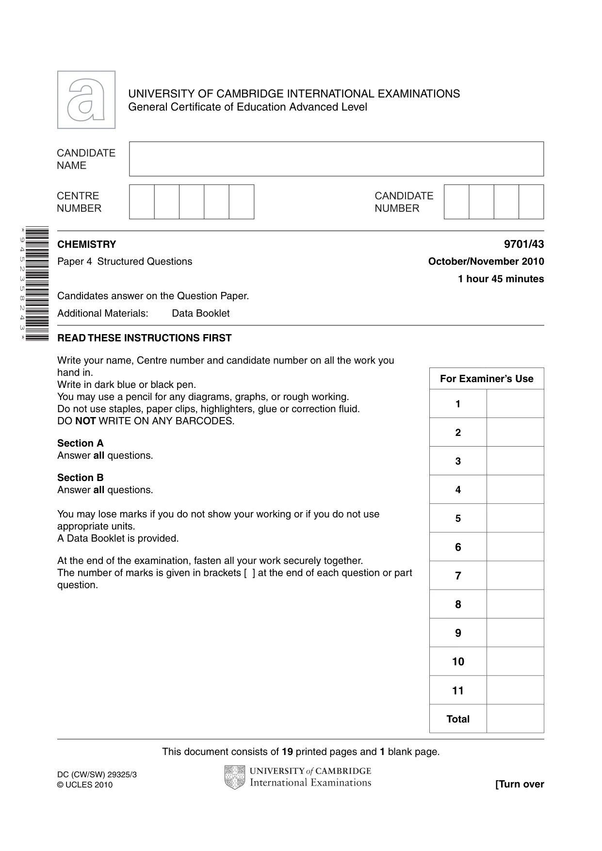 Cambridge A Level Chemistry 9701 2010 Oct/Nov Paper 4 · Variant 3 question paper, page 1 of 20