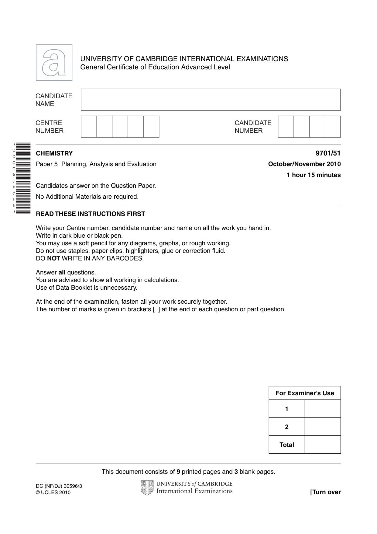 Cambridge A Level Chemistry 9701 2010 Oct/Nov Paper 5 · Variant 1 question paper, page 1 of 12