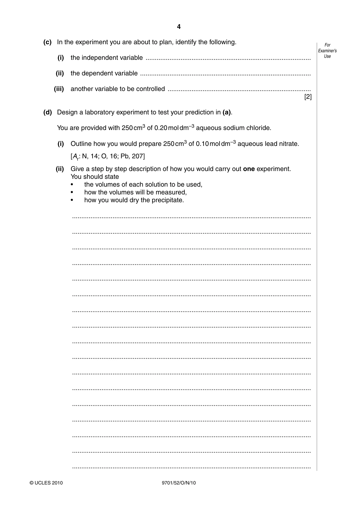 Cambridge A Level Chemistry 9701 2010 Oct/Nov Paper 5 · Variant 2 question paper, page 4 of 12