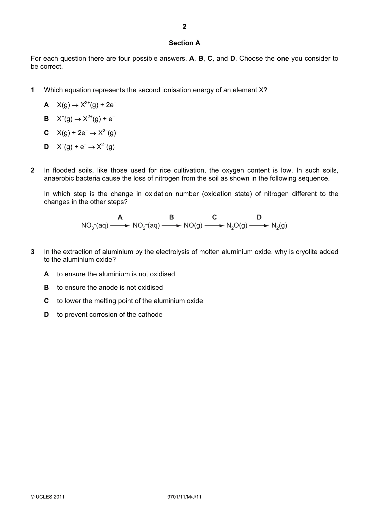 Cambridge A Level Chemistry 9701 2011 May/June Paper 1 · Variant 1 question paper, page 2 of 16